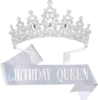 Happy Birthday Queen Crown and Sash, Crowns for Women Birthday Queen Sash, Tiara for Women Birthday, Silver Tiaras and Crowns for Women, Happy Birthday Decorations Accessories for Women