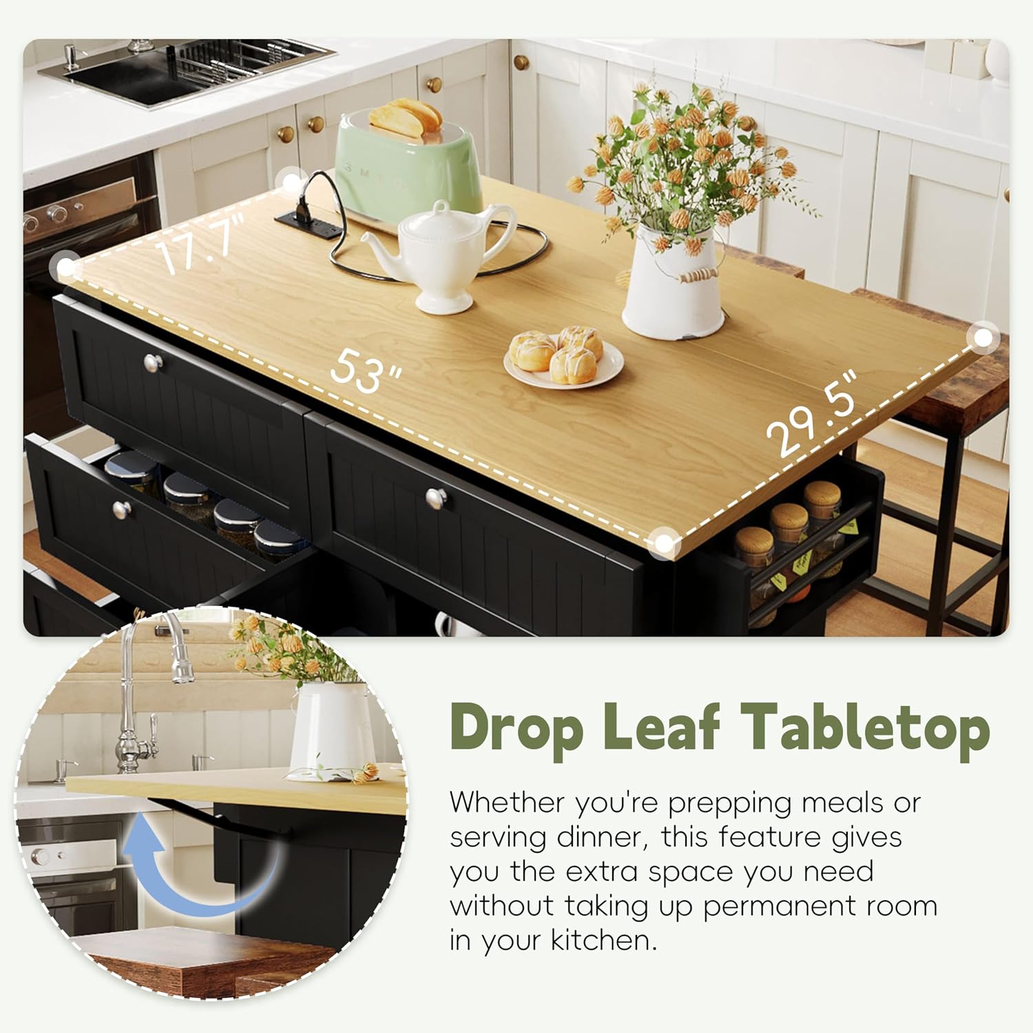 Bellemave Kitchen Island drop leaf tabletop in use