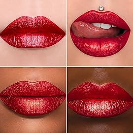 MAKI YIKA 3Pc Metallic Lipstick Long Lasting Pink Brown Red Glitter Lipsticks High Shine Lipstick No Smudge No Transfer Liquid Lip Gloss (Pink/Brown/Red)