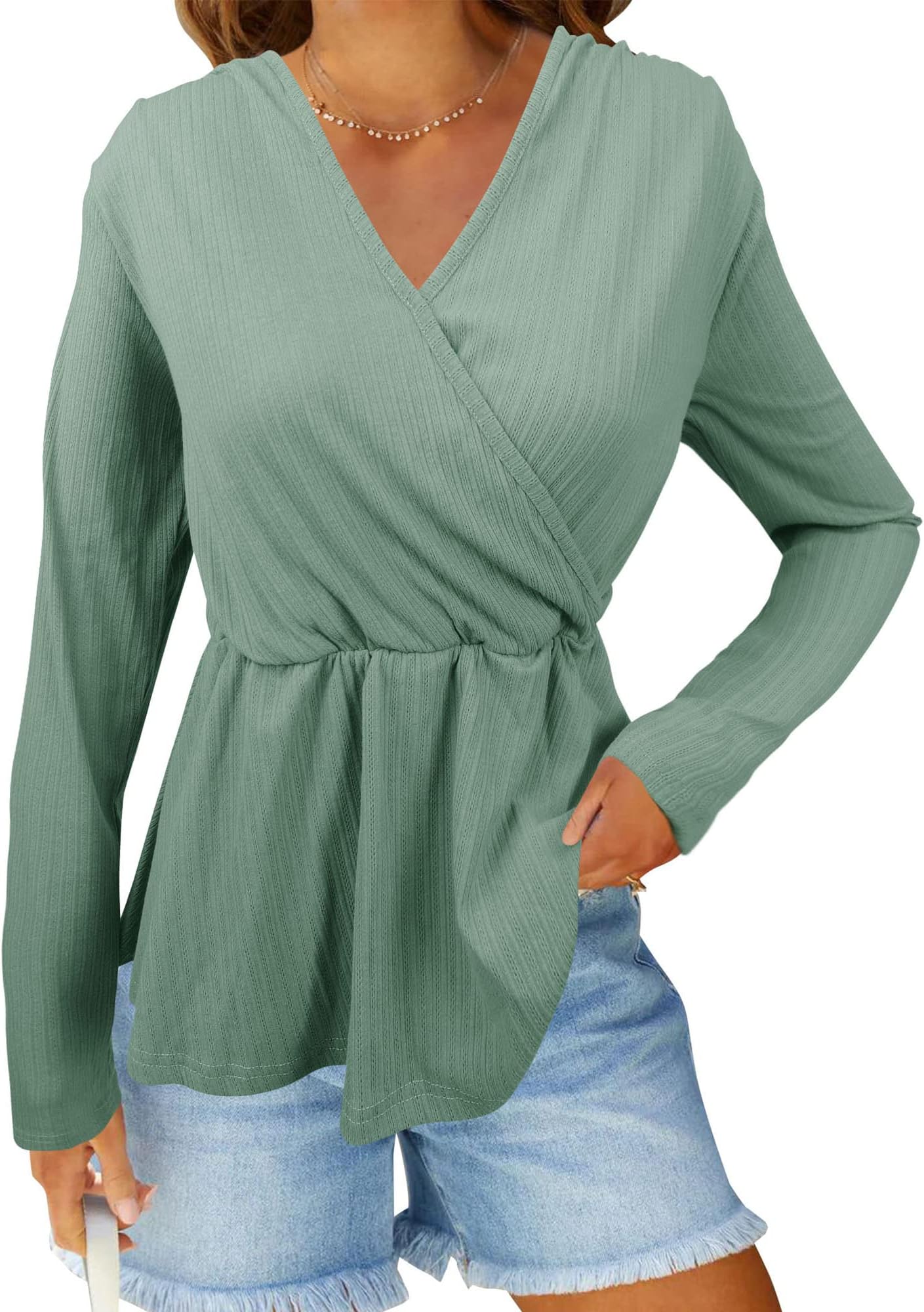 VivitulipWomen's Long Sleeve V Neck Blouse Front Wrap Ruffle Hem Peplum Tunic Lightweight Basic Fall Tops