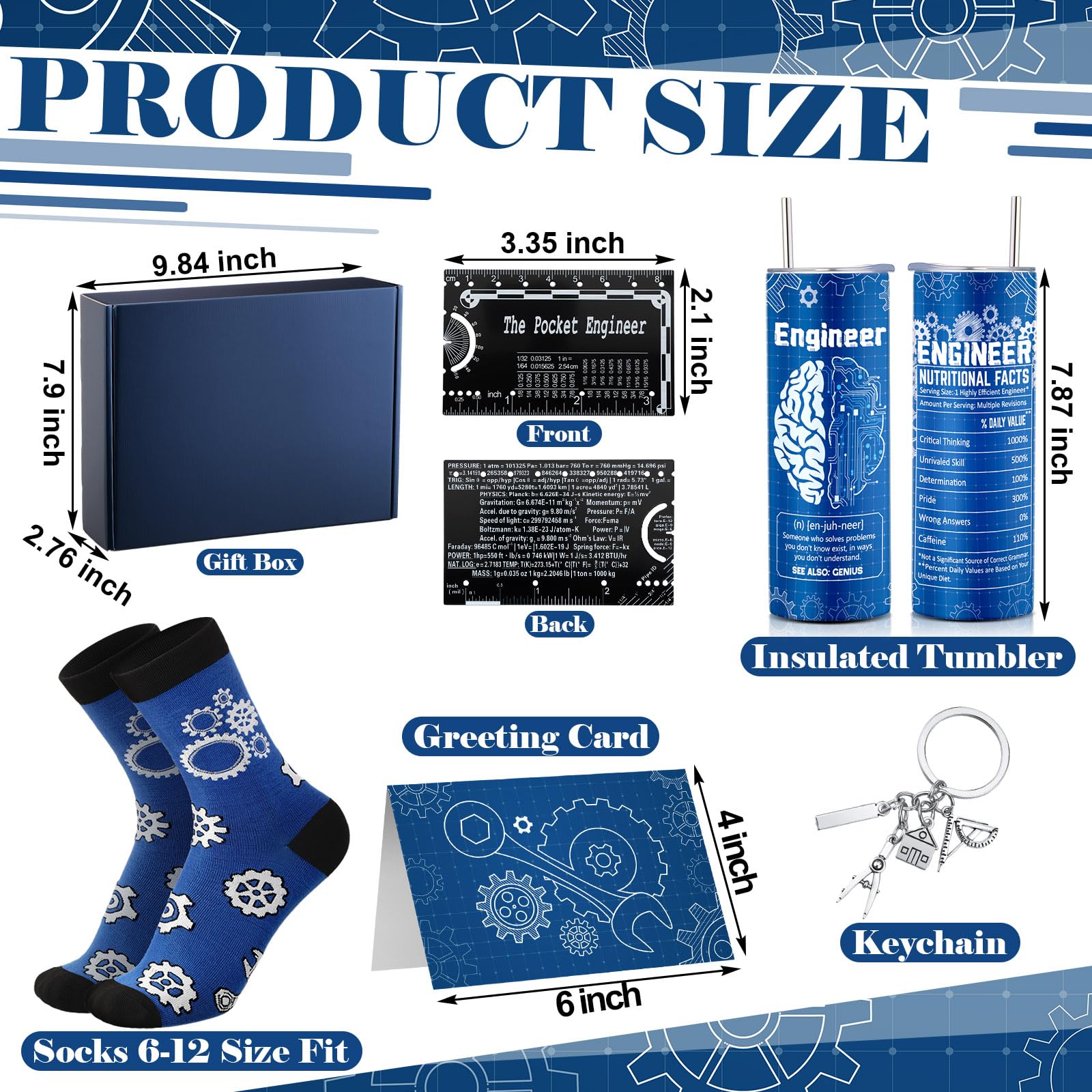 Geiserailie 6 Pcs Graduation Engineer Gifts Set for Men Include Tumbler Cup, Engineering Ruler, Socks, Keychain, Greeting Card, Gift Box for Mechanical Engineering Student Retirement Graduation