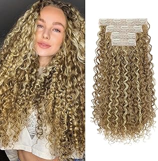 Flufymooz Clip in Hair Extensions, 4PC 100％ Pure Protein Silk Hair Extensions Long Soft Natural Hairpiece 20 Inch Curly Hair Extension for Women- Camel Brown with Blonde Highlights