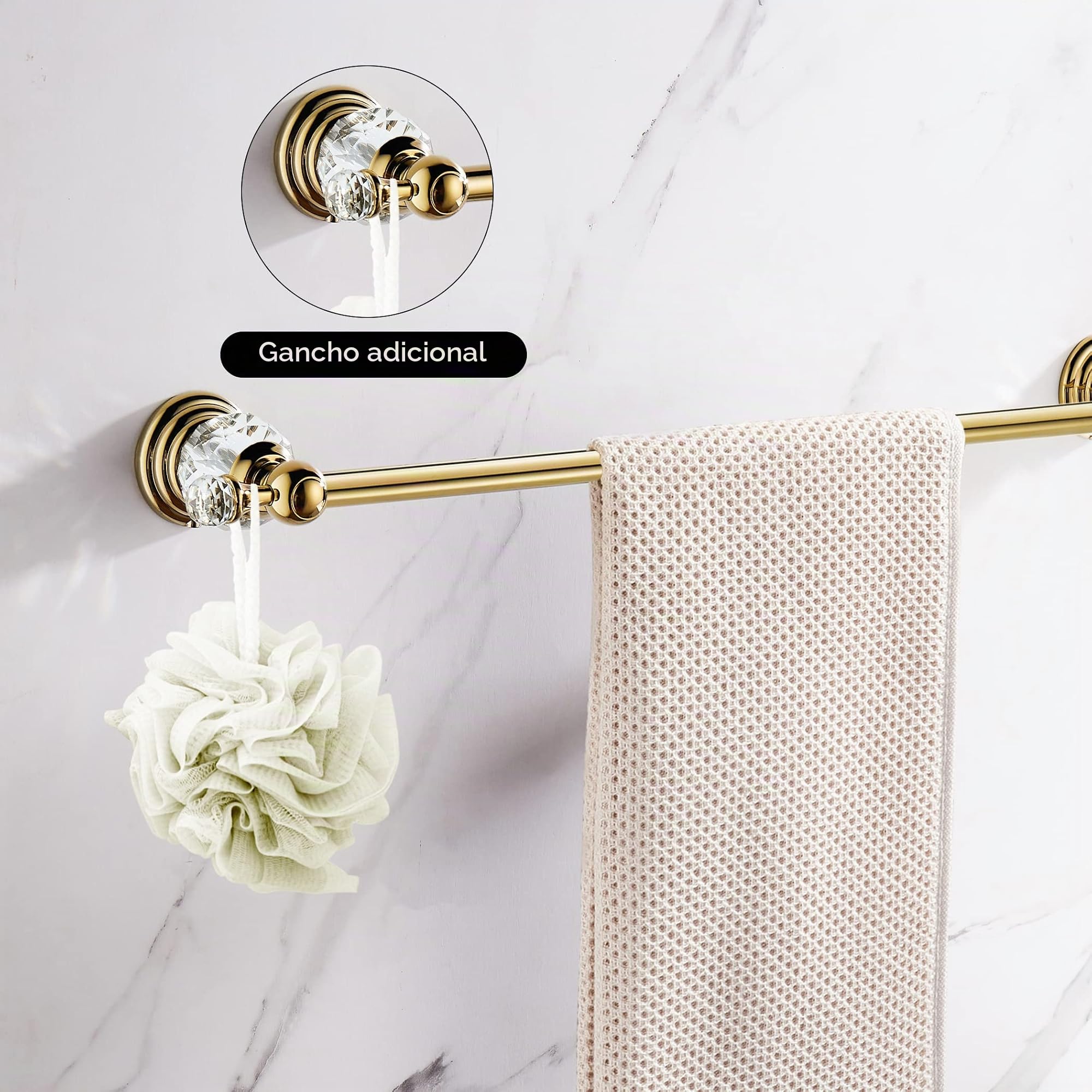 WINCASE Toallero Europeo Individual para toallero, construcción de aleación de Zinc con Acabado Dorado Pulido para baño con Base de Cristal montado en la Pared