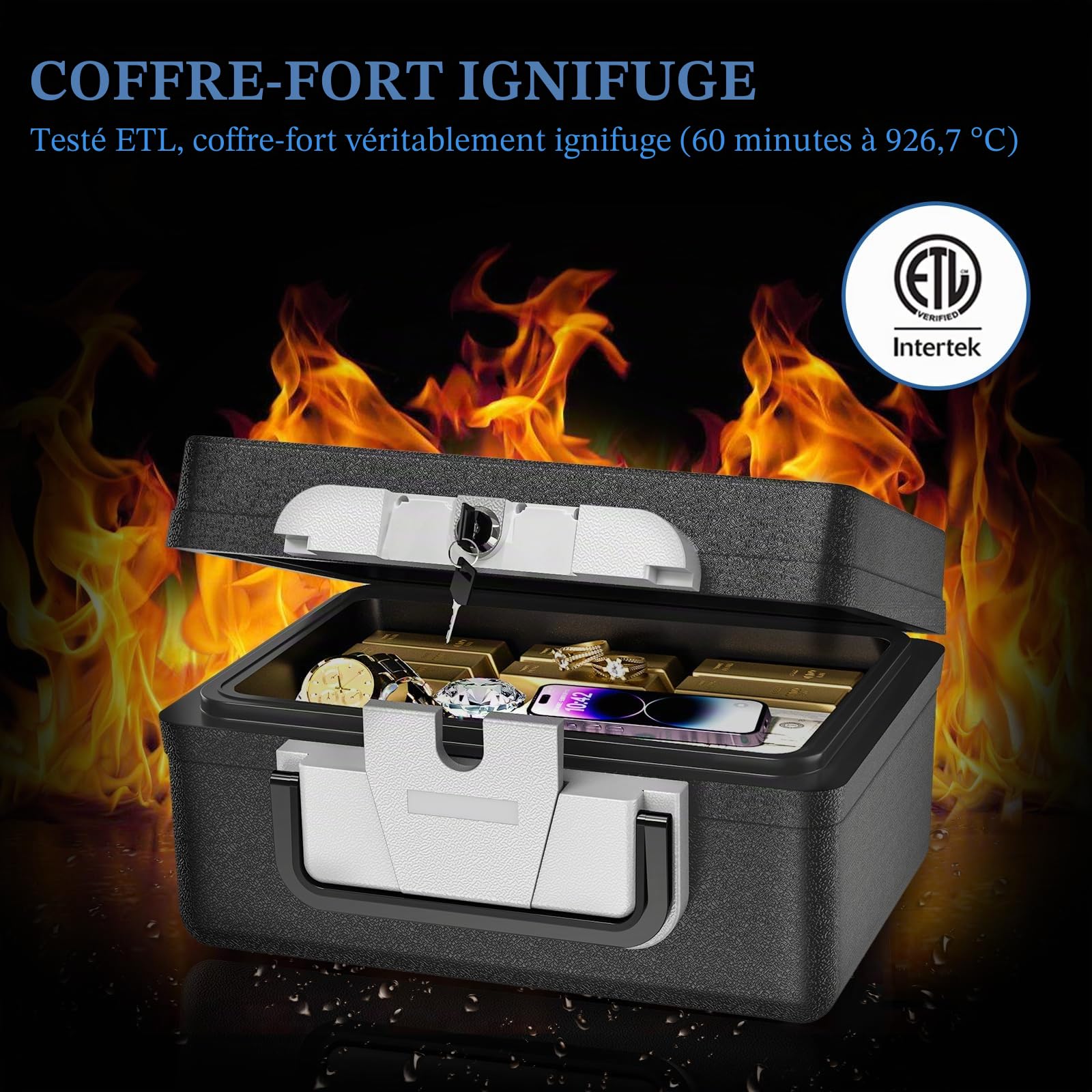WASJOYE 21L Ignifuge Coffre fort Portable Etanche avec Clé, coffre fort anti feu, Boîte de Sécurité pour Documents Anti feu, Safe Box pour Argent en Espèces Médicaments Bijoux A4 Documents