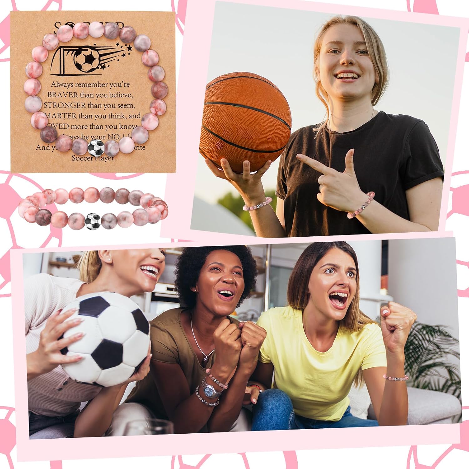 12 Pcs Sport Bracelets Team Gift Lava Stone Black White Beaded Bracelet with Inspirational Card for Sport Party Favor - Image 5