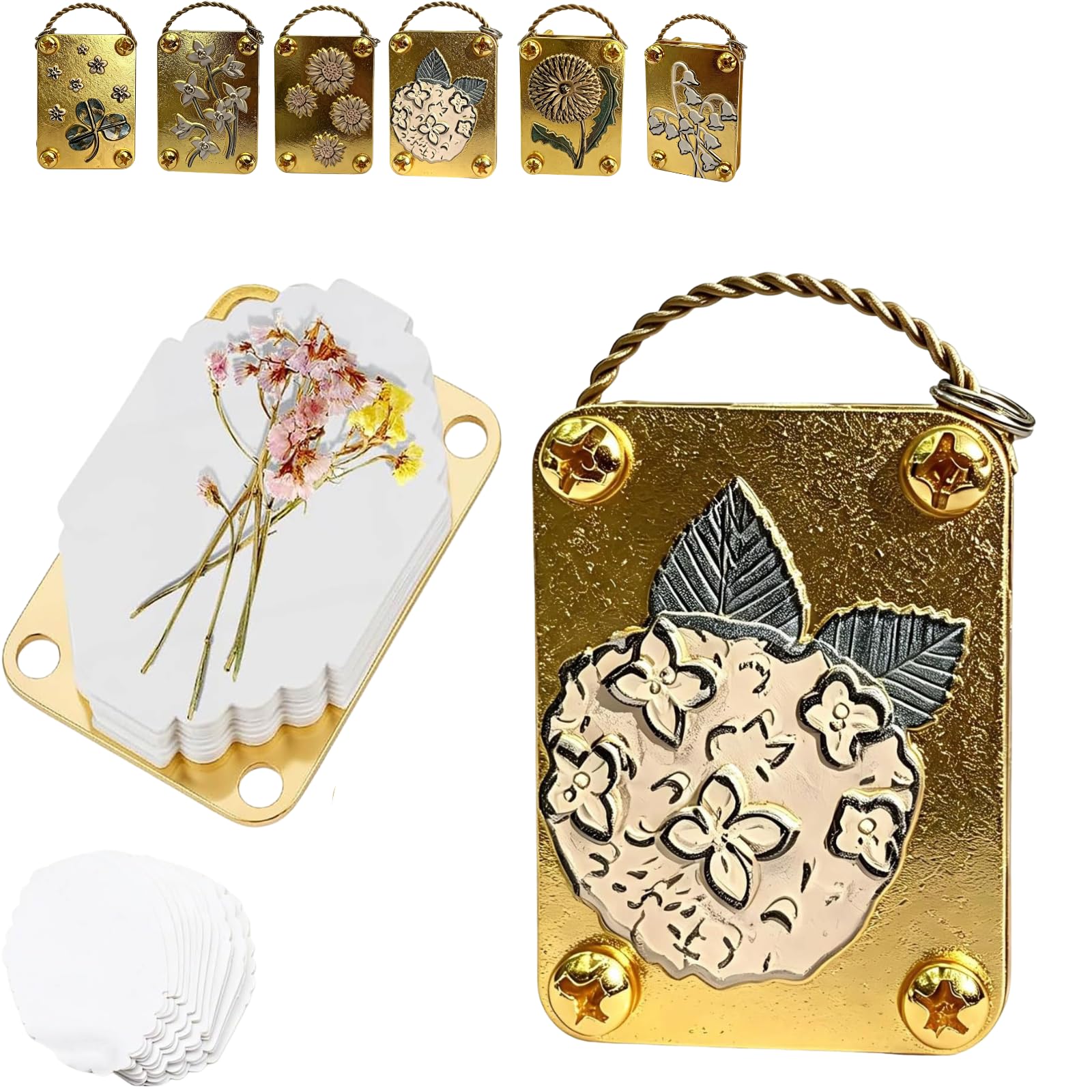 Flower Pressing Kit, Metal Micro Flower Press with 10 Paper, Portable Mini Plant Preservation Set for Adults and Kids, Pocket Botanicals Embossing Craft Tool, Keychain Accessory (Gold_D)