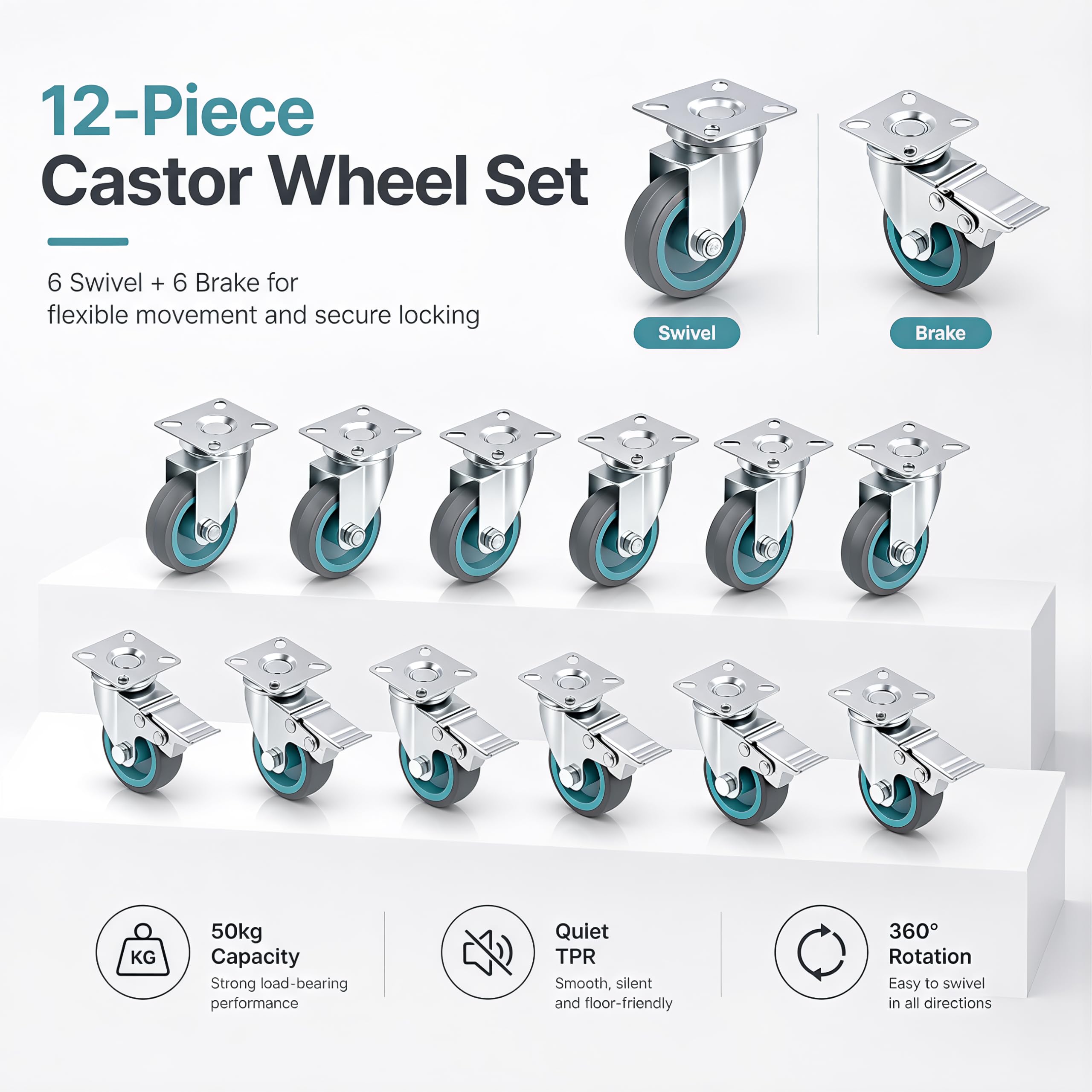 12er-Set Lenkrollen 50 mm – 6 Rollen mit Bremse + 6 ohne, Schwerlast TPR Lenkrollen für Möbel, Rollwagen, Schränke, Pflanzenständer – 50 kg Tragkraft pro Rolle
