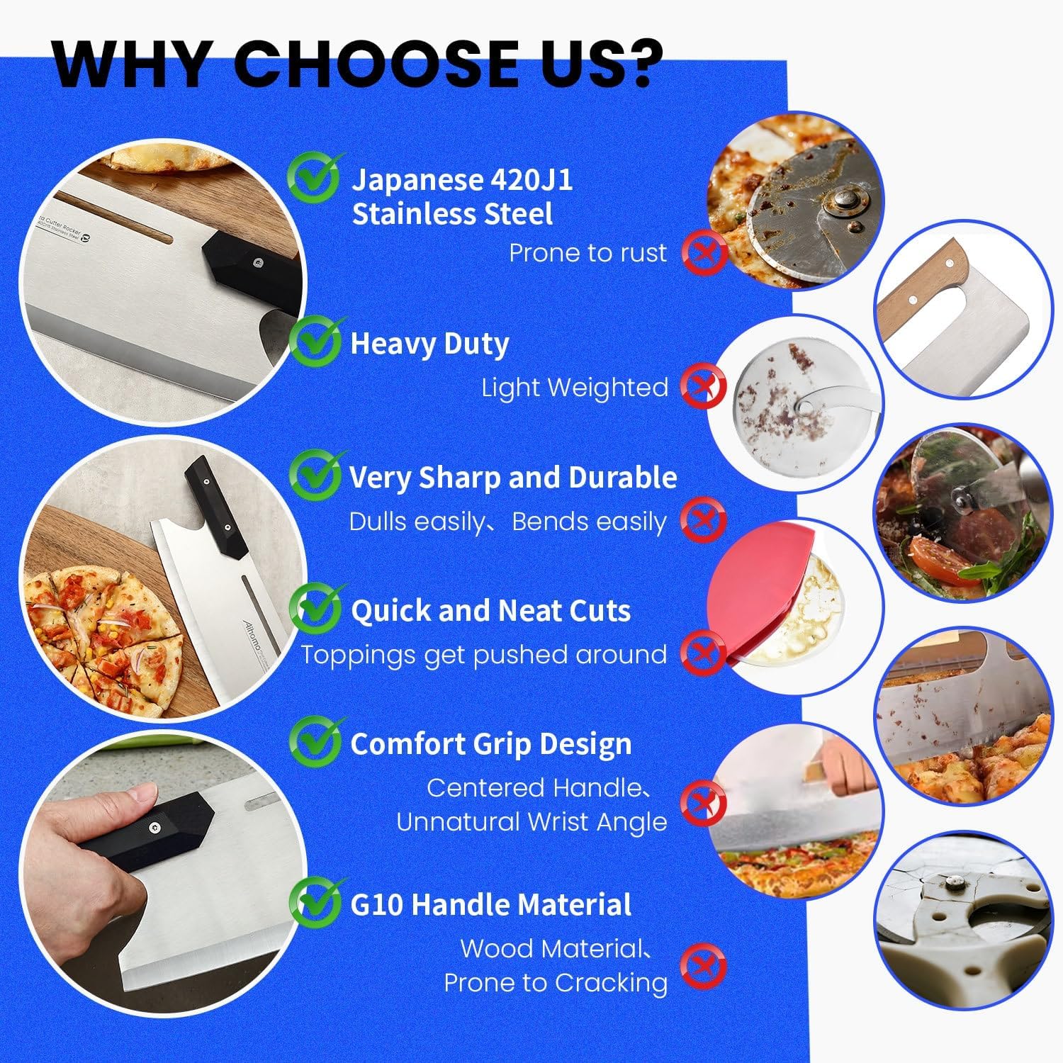 13 Inch Pizza Cutter Rocker Blade, Sharp Pizza Rocker Knife 420J1 Japanese Stainless Steel, Dishwasher Safe Pizza Cutter Slicer with Protective Cover, Multipurpose for Pizza, Cheese, Cake