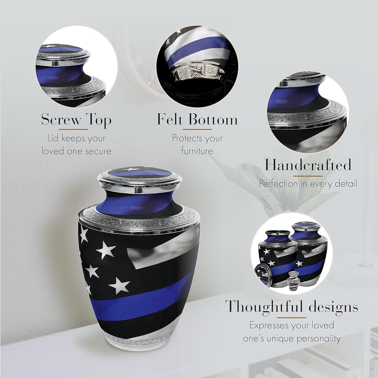 Commemorative Cremation Urns for Human Ashes Adult Male Urn for Ashes for Men - Personalized Decorative Urns - Patriotic and Military Urn Handcrafted for Veteran (Extra Large Blue Line Flag)