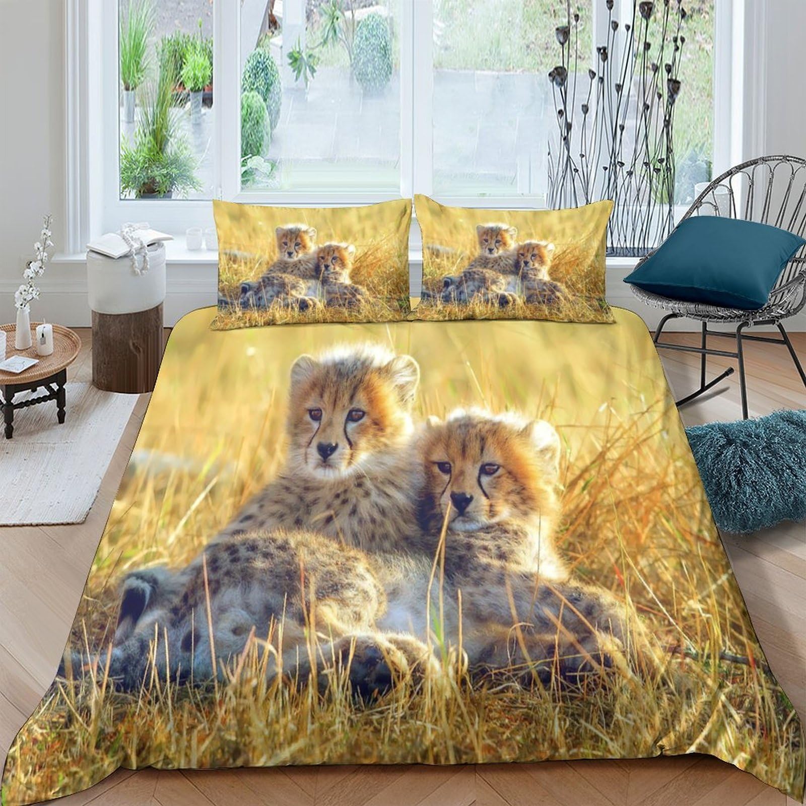 Ctjqhvkz Style-7 3D Printed Cheetah Cubs Fitted Sheet Microfiber Soft Animal Grassland Mattress Cover For Bedroom Guest Room Decor Single（135X200cm）