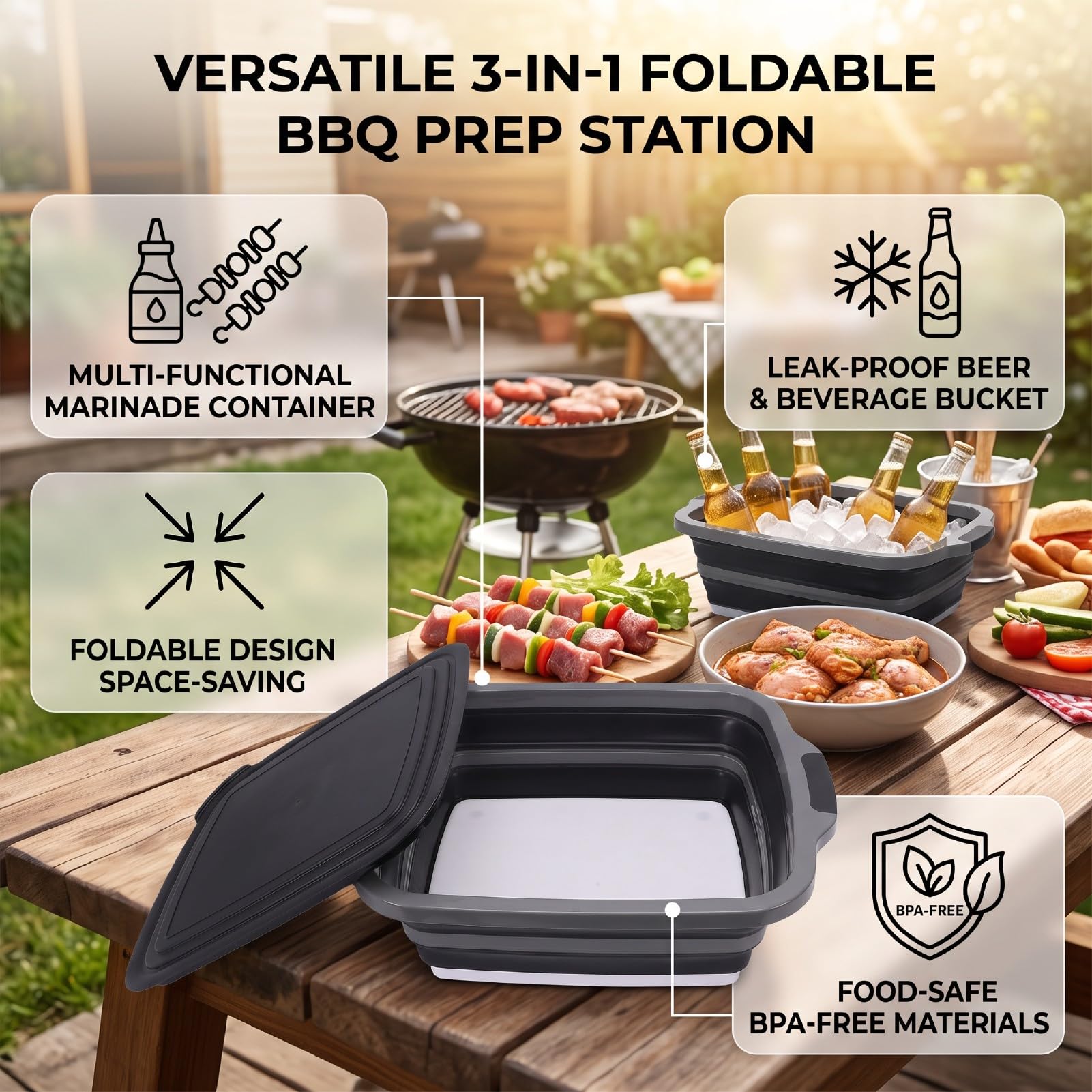 BBQ-Vorbereitungswanne 3 in 1, Faltbares Schneidebrett und Spülbecken