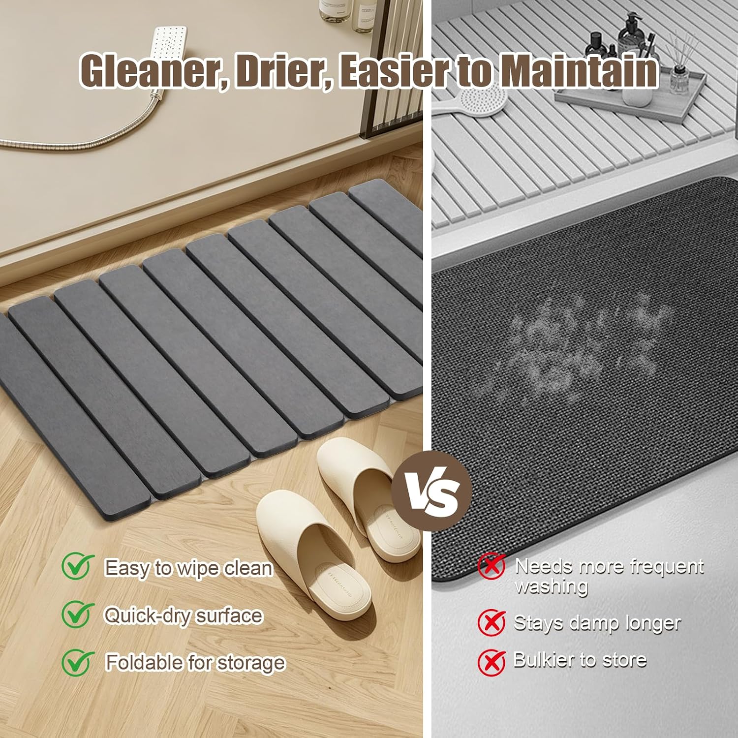 Foldable Stone Bath Mat, 2 Pack Diatomaceous Earth Shower Mat, Non-Slip Super Absorbent Quick Drying Mat for Bathroom, Easy to Store, 24x15, Grey