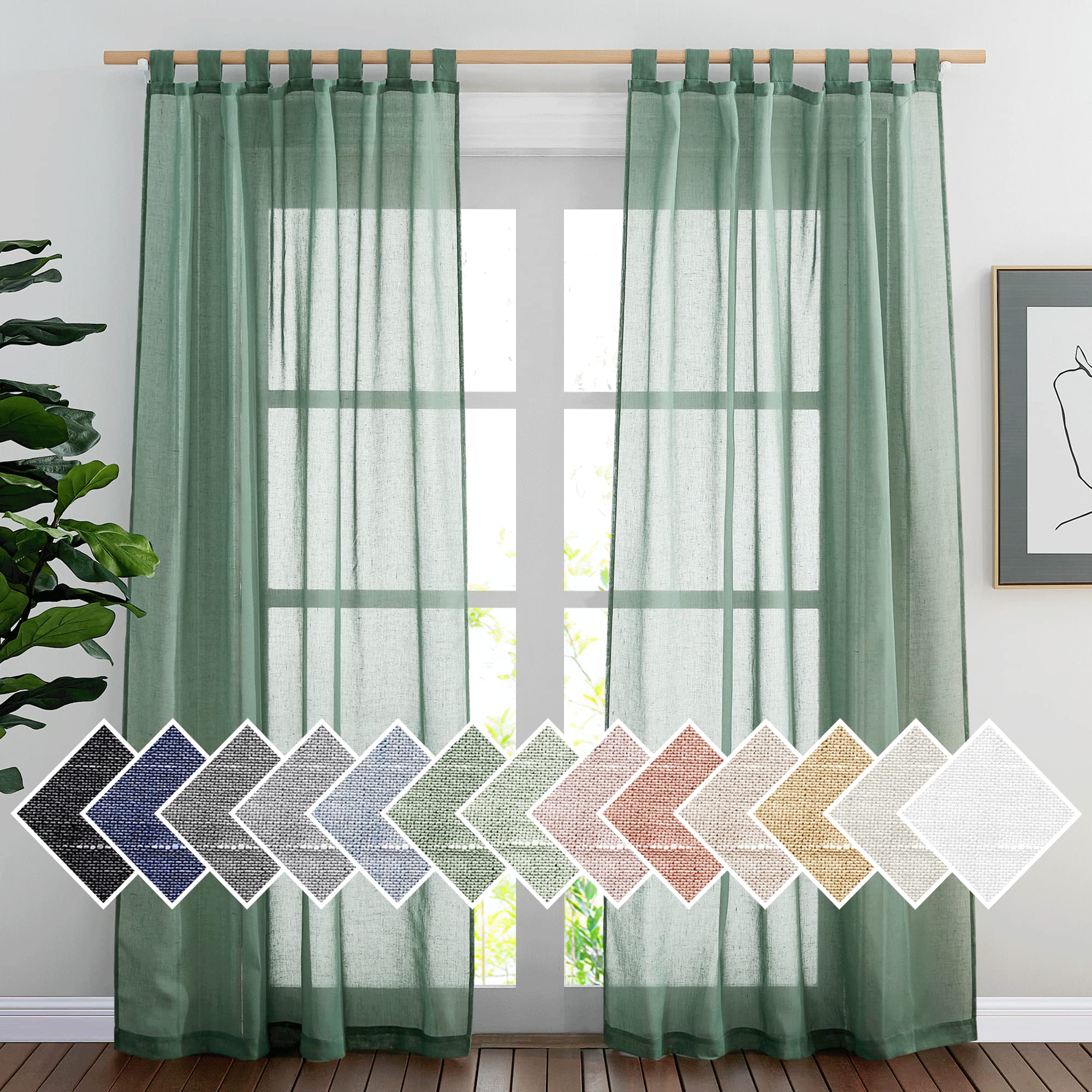 NICETOWN NICETOWN Flax Sheer Linen Curtains for Living Room, Tab Top Semi Sheer Vertical Drapes Privacy with Light Filter for Home Office/Farm House, W52 x L84, Olive Green, 1 Pair