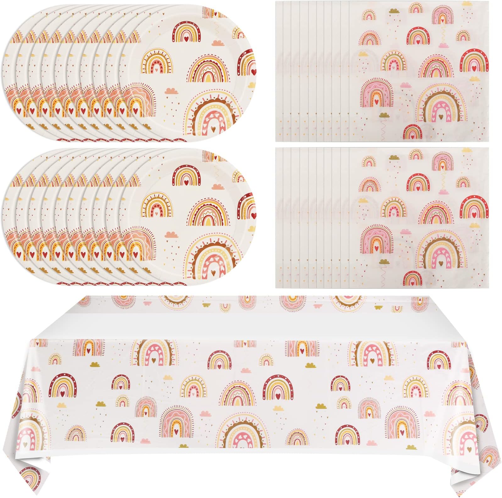 Boho Rainbow Baby Shower Tableware Set - Rainbow Party Supplies Including Paper Plates, Napkins, Tablecloth for Boho Birthday Party & Baby Shower Decorations