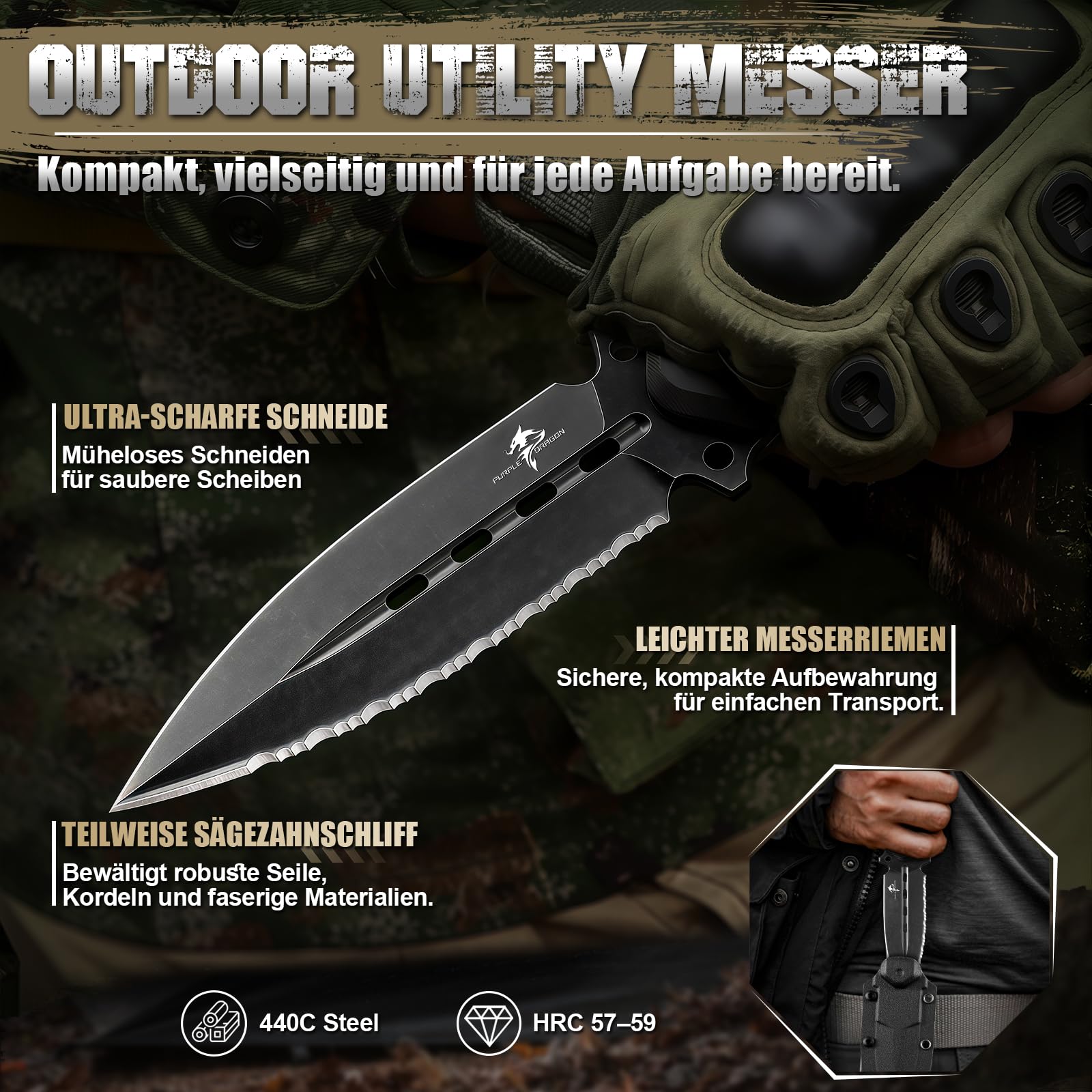 Purple Dragon Survival Messer mit Scheide - Jagdmesser Schwarz mit Feststehende Klinge - Outdoor Messer für Camping Jagd Wandern Abenteuer - Geschenk für Männer