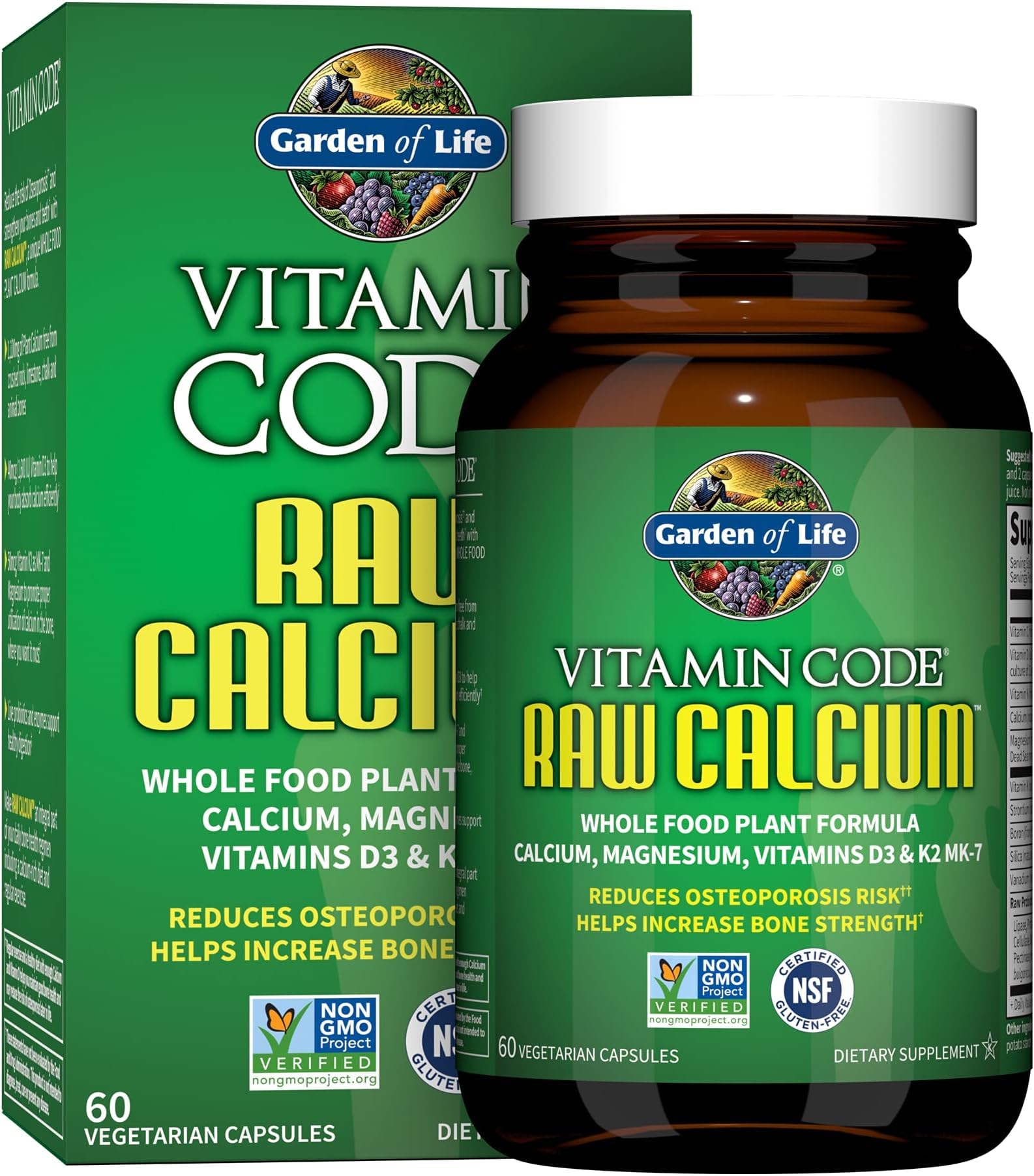 Garden of Life Raw Calcium Supplement for Women and Men - Vitamin Code Made from Whole Foods with Magnesium, K2, Vitamin-D3 and Vitamin C Plus Probiotics for Digestion, Capsules, 60 Count (Pack of 6)