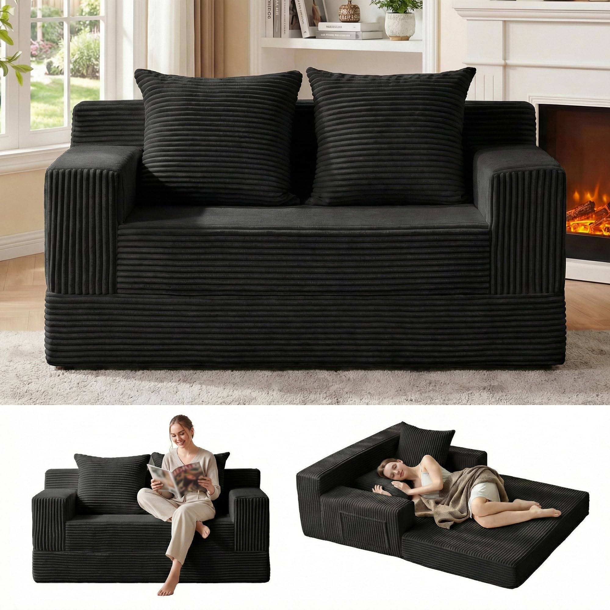 Loveseat Boneless Convertible Sofa Bed Folding Floor Futon Sleeper Sofa Couch Bed- Boneless Foldable Couch Corduroy Pull Out