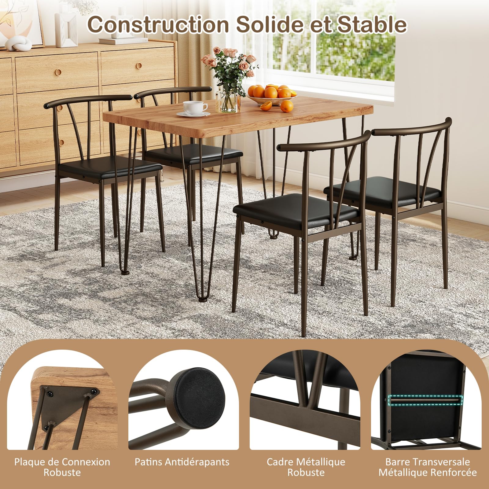RELAX4LIFE Table à Manger avec 4 Chaises, Placage Imitant Bois