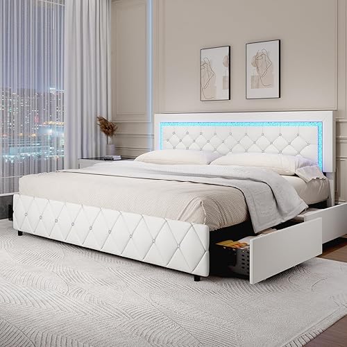 King Size Bed Frame with LED Lights and Storage Drawers, Upholstered Platform Bed with Diamond Tufted Headboard, Wooden Slats Support, No Box Spring Needed, Easy Assembly, White