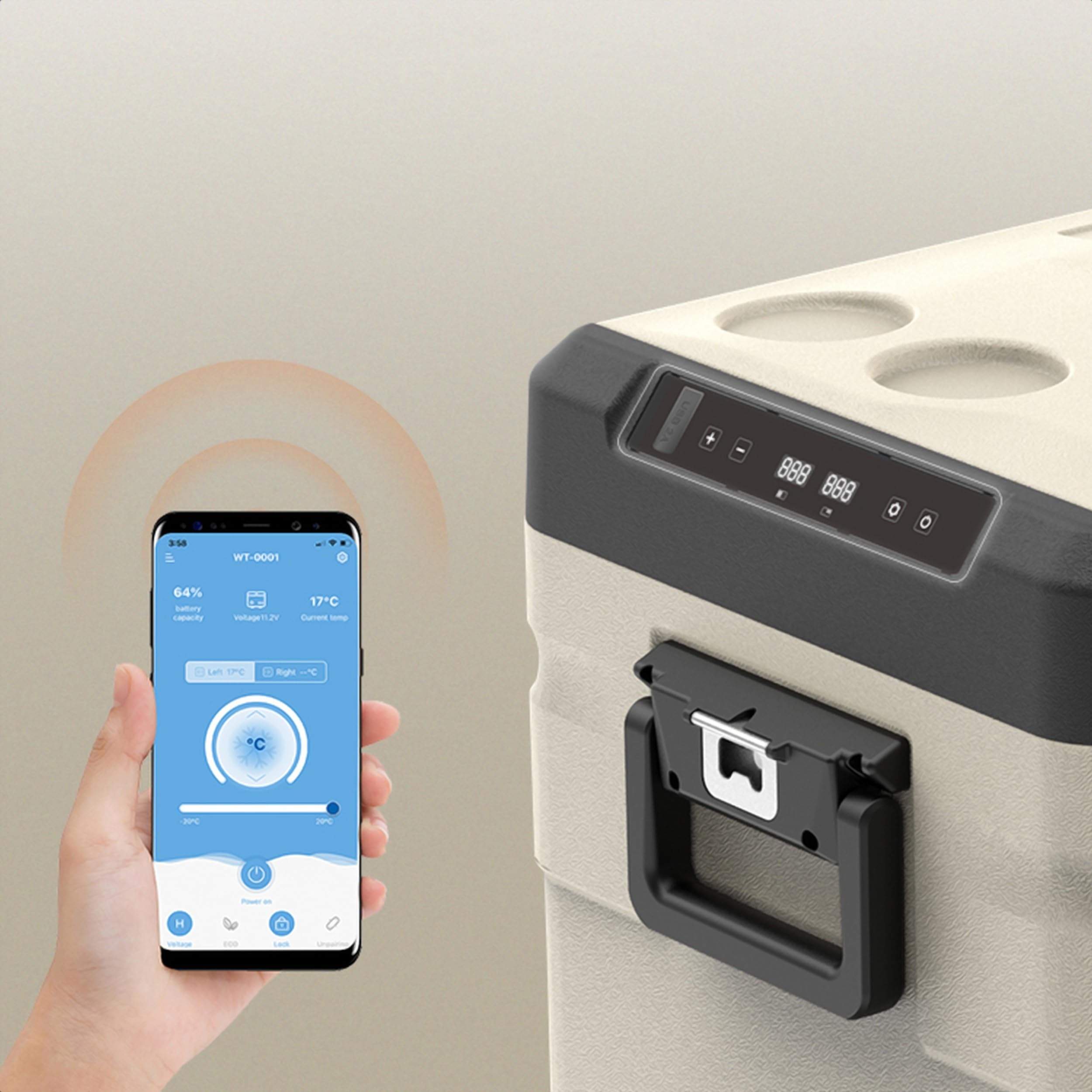 Kompressor Kühlbox 55L – Dual Zone Mini Kühlschrank mit App-Steuerung, 12V/24V/230V für Auto, LKW, Wohnmobil & Camping, Gefrierfunktion bis -20°C, Beige-Schwarz