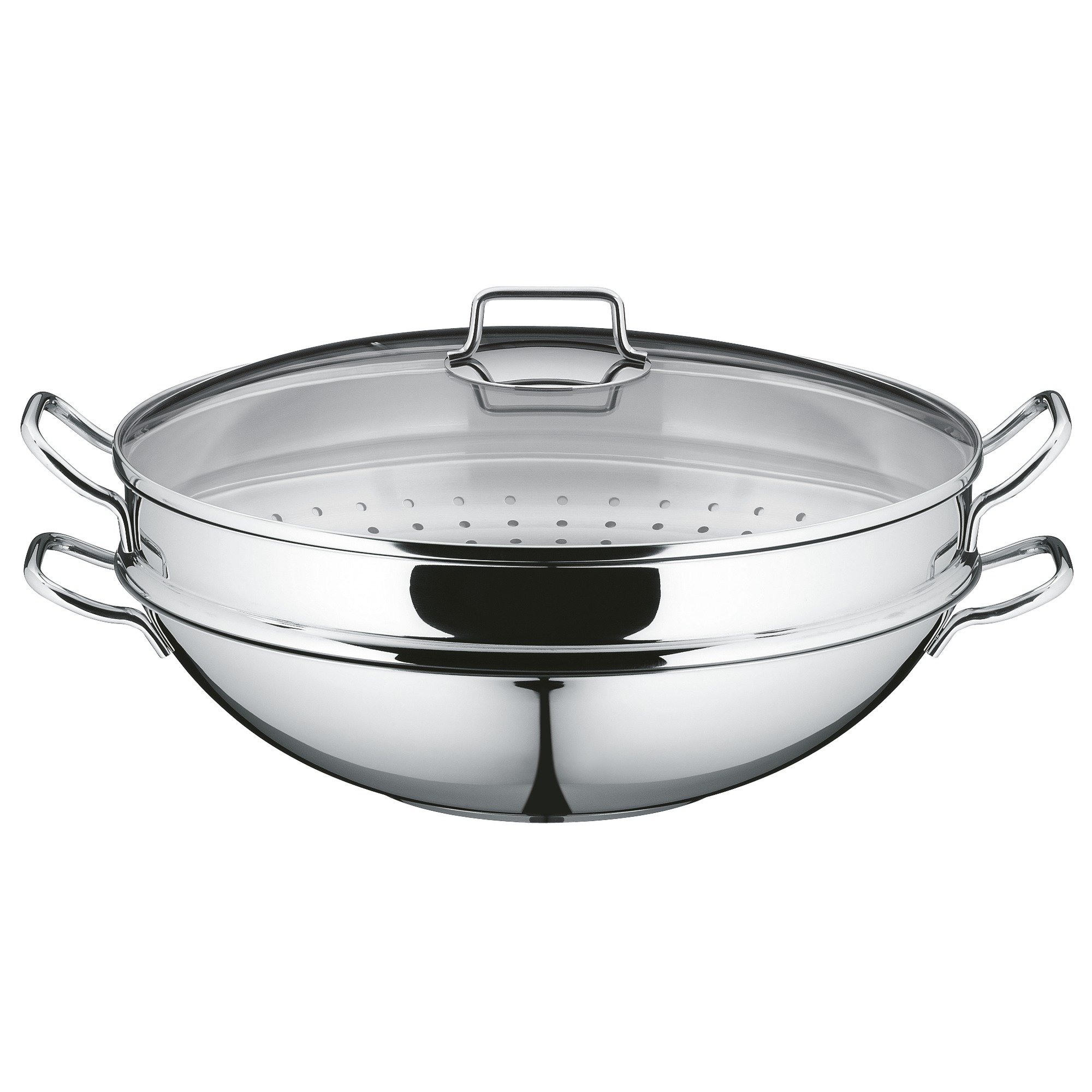 WMF Macao Wok-Set Induktion 4-teilig, Wok-Pfanne 36 cm mit Glasdeckel, Ablagegitter, Dämpfereinsatz Cromargan Edelstahl poliert, unbeschichtet & Profi Plus Wok-Wender 36,2 cm, Pfannenwender
