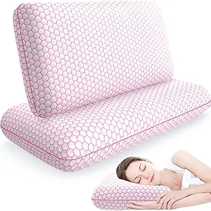 Memory Foam Pillows for Side, Back and Stomach Sleepers, Set of 2, Bed Pillow with Washable Cover and Breathable Mesh, Bed Pillow for Sleeping (Pink,Queen Size)