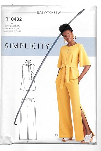 Simplicity Patrón de costura 9051/R10432 Tamaño R5 (14-22) Tops de señoritas con variaciones de manga y longitud; cinturón o bufanda de amarre