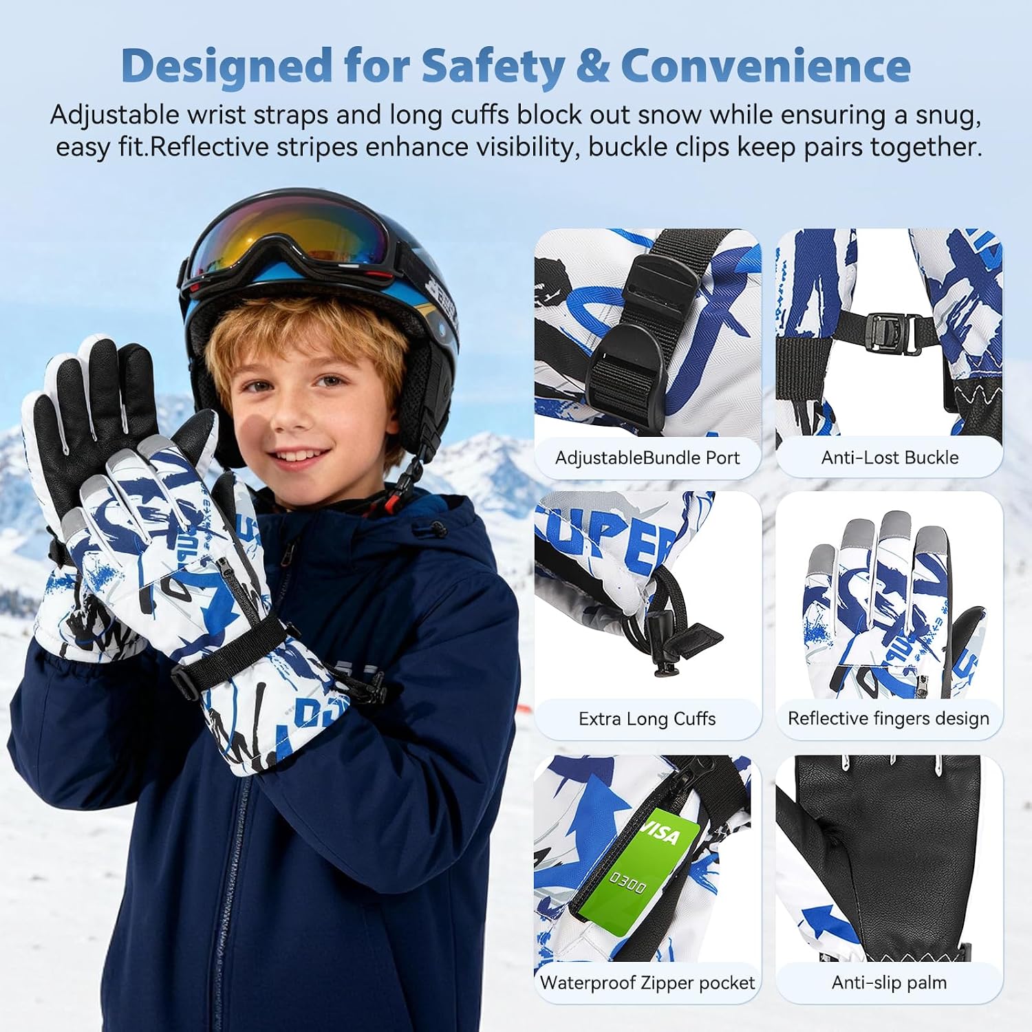 American Trends Kids Waterproof Winter Gloves with Zip Pocket Snow Ski Gloves Boys Girls Toddler Touchscreen Snowboard Gloves