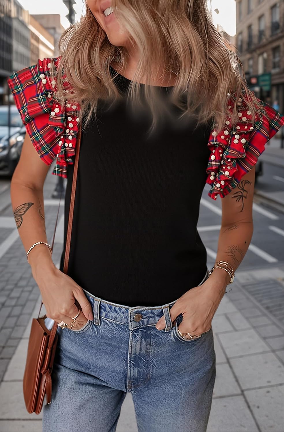 KevaMolly Womens Halloween Christmas T Shirts Plaid Pearl Ruffle Short Sleeve Loose T Shirt Casual Tunic Tops - Image 4