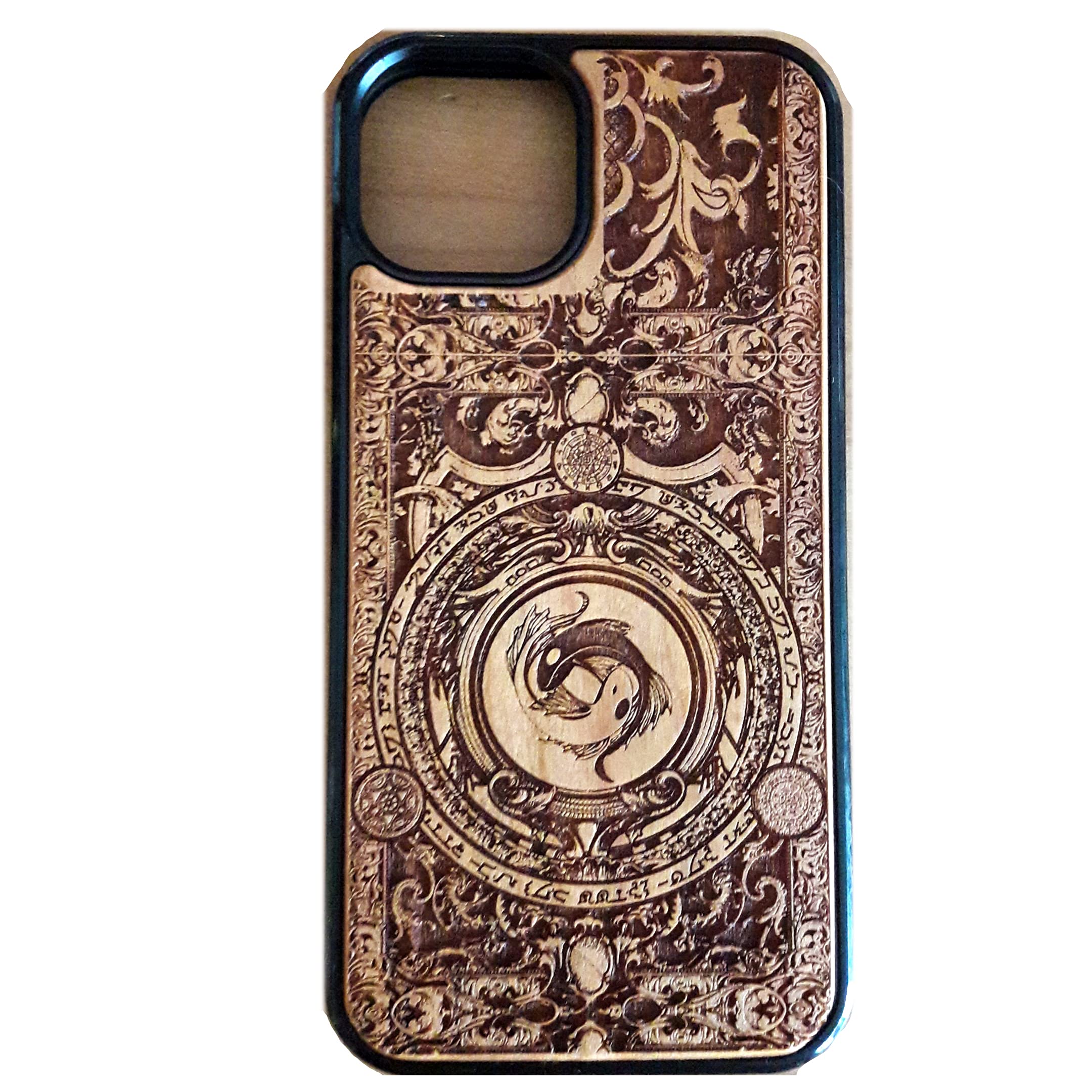 Yin Yang Koi Fish Design Laser Engraved Wood Case Fits iPhone 16, 15, 14, 13, 12, 11 Pro Max Mini & Galaxy S25, S24, S23, S22, S21, S20 Ultra Plus – Eco-Friendly, Slim, Durable Wooden Phone Cover