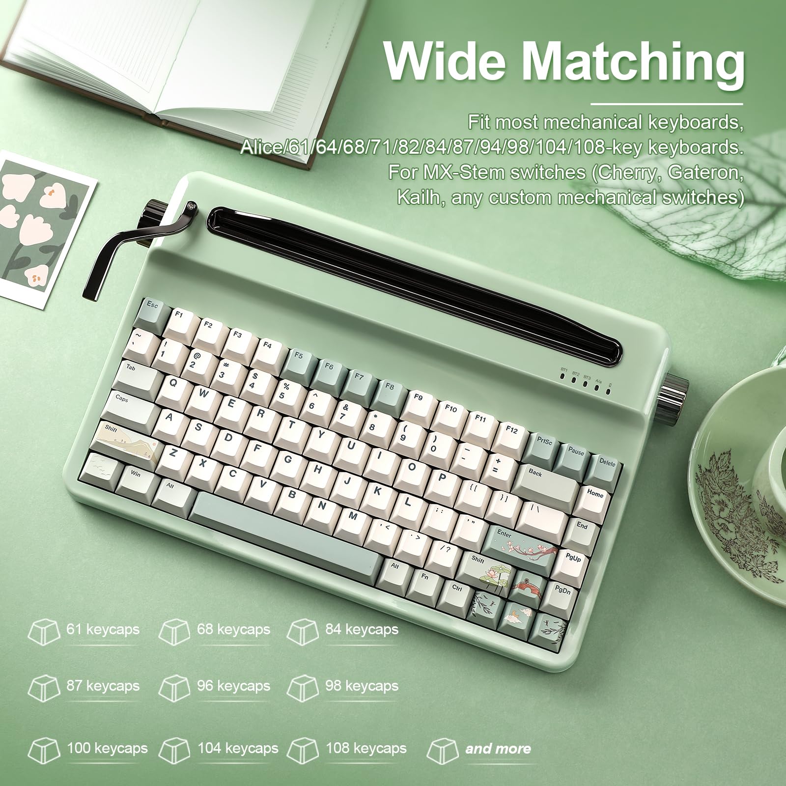 YUNZII Tasti Spring Tea Dye Sub PBT, 145 tasti completi, sublimazione del colore PBT personalizzati, con estrattore, per switch Cherry Gateron MX e tastiera meccanica da gioco (profilo ciliegia, tè