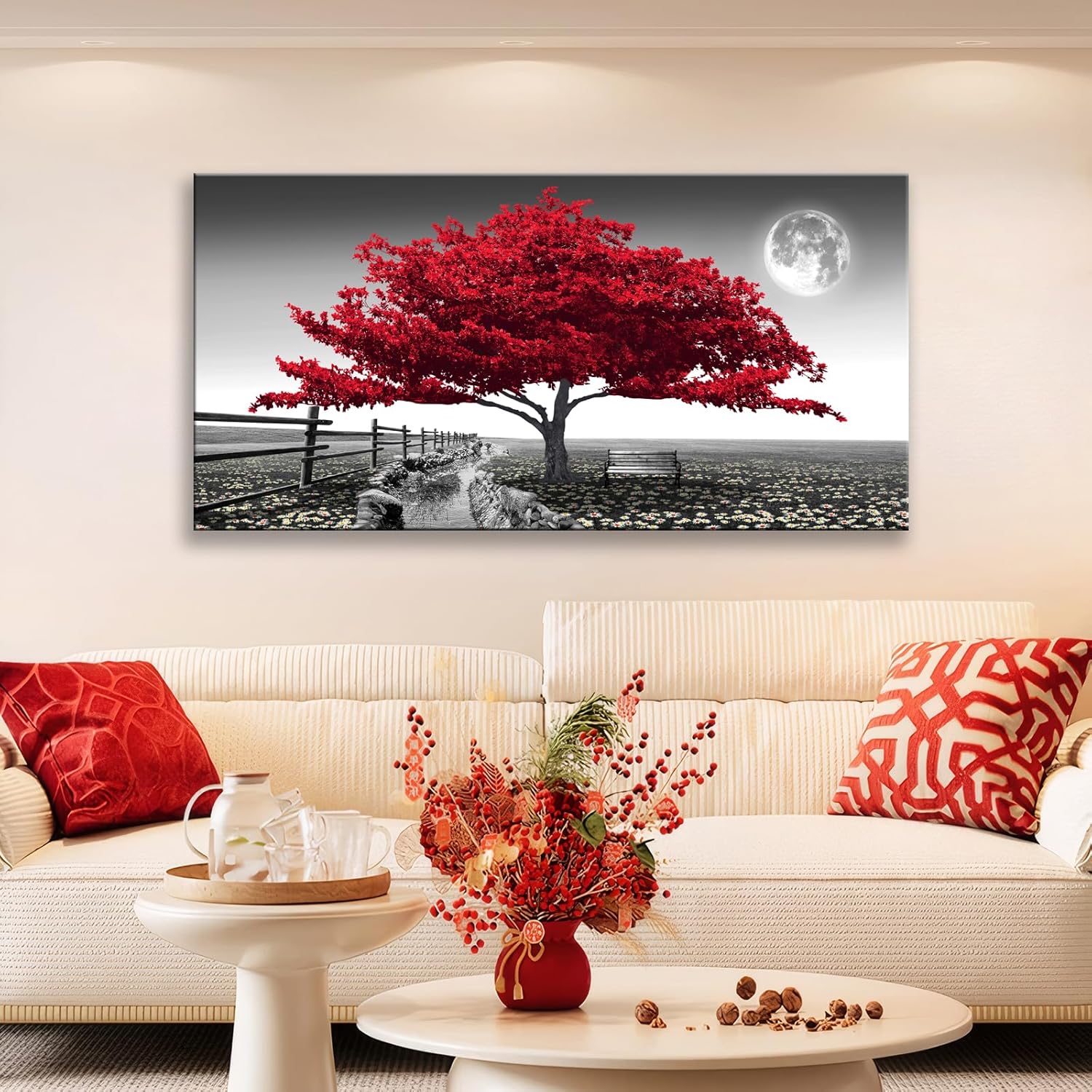 JLXART Wall Art for living Room Landscape Red Tree Canvas Wall Art Modern art decor Canvas print Artwork Contemporary Nature Pictures Painting Giclee Prints Framed Ready to Hang,20x40inch