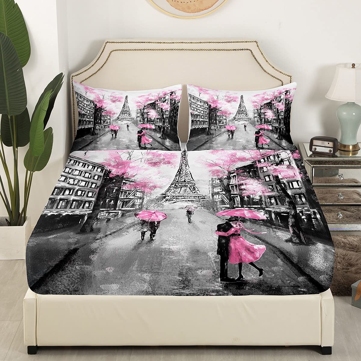 EDGZKO Set Biancheria Da Letto King Size Con Torre Eiffel - Rosa E Grigio, Stile Francese Romantico, 1 Piumino 265x228 Cm E 2 Federe 50x75 Cm - 3