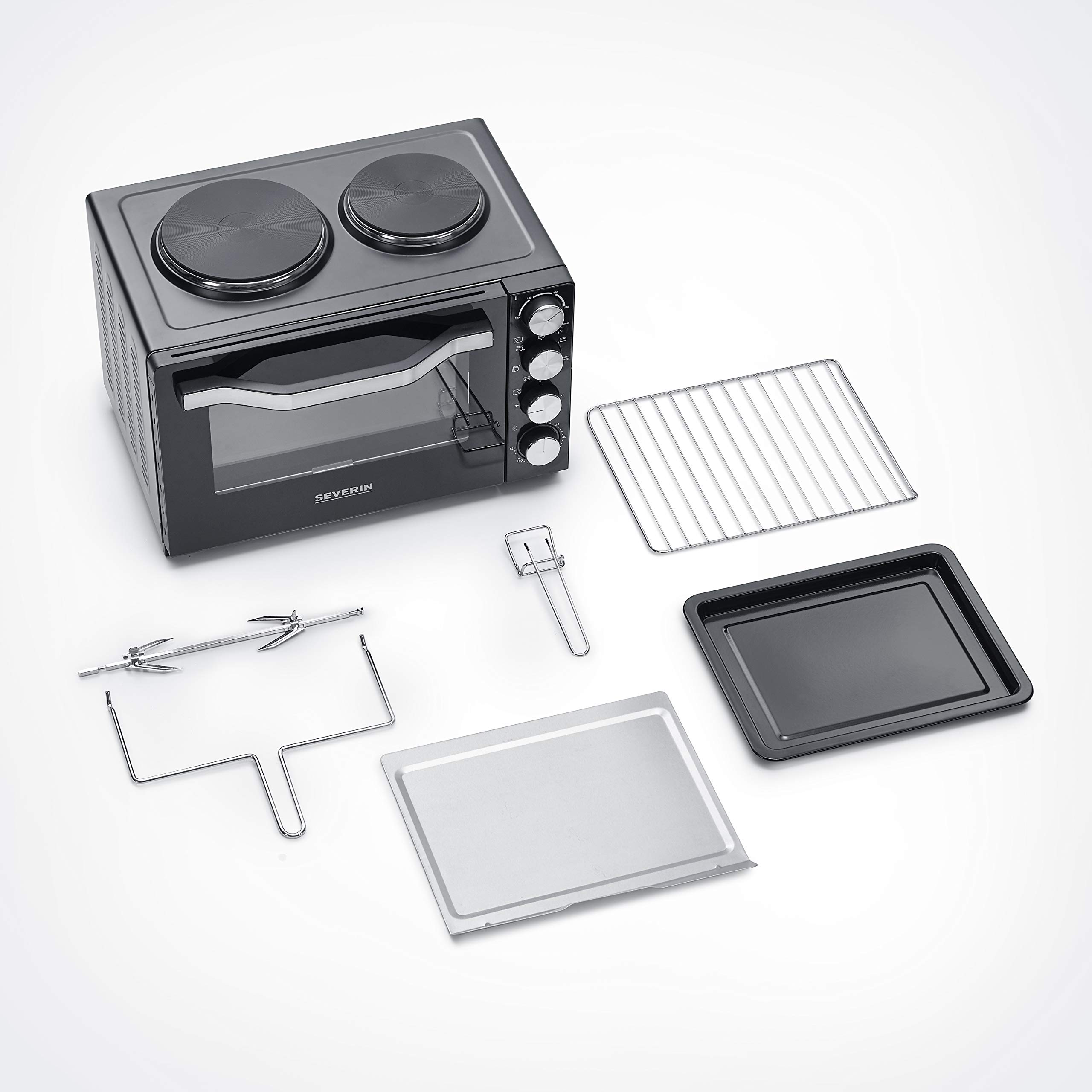 SEVERIN Mini-Four à chaleur tournante 30 L avec tournebroche et plaques de cuisson, Four posable 2 500 W design élégant, Mini-four électrique minuteur 120 min, Noir/Inox, TO 2065