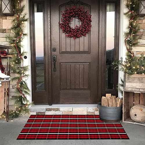 Miniatura 5 de Alfombra de Navidad a cuadros para exteriores, 2 x 4 pies 3 pulgadas, rojo y negro, alfombra de área para interiores y exteriores, alfombra de capas