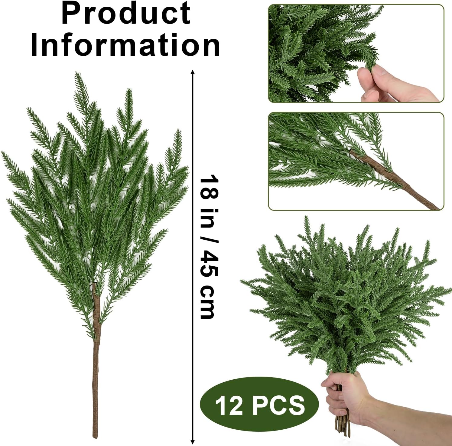 12 Pcs Artificial Norfolk Pine Branches (18 Inch) - Real Touch Faux Greenery Stems for Christmas DIY Crafts, Wreath, Garland, Vase Fillers - Indoor/Outdoor Xmas Home Decor - Image 2