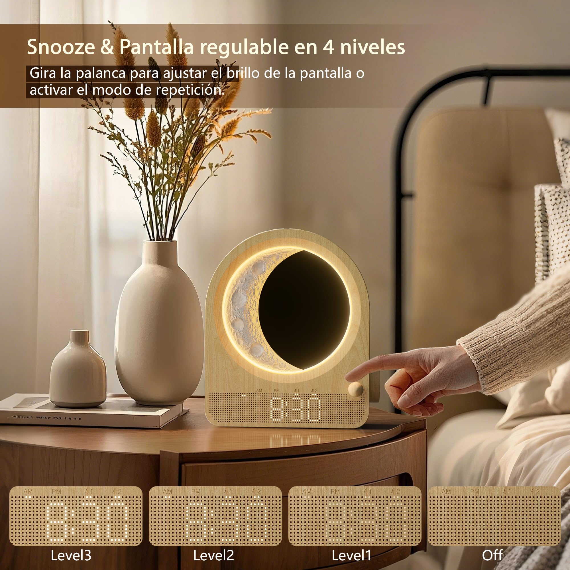 blonbar Reloj Despertador,Lámpara de Luna,10 Sonidos Naturales | 2 despertadores, 3 niveles de brillo, 10 sonidos naturales, luz nocturna regulable para dormitorio