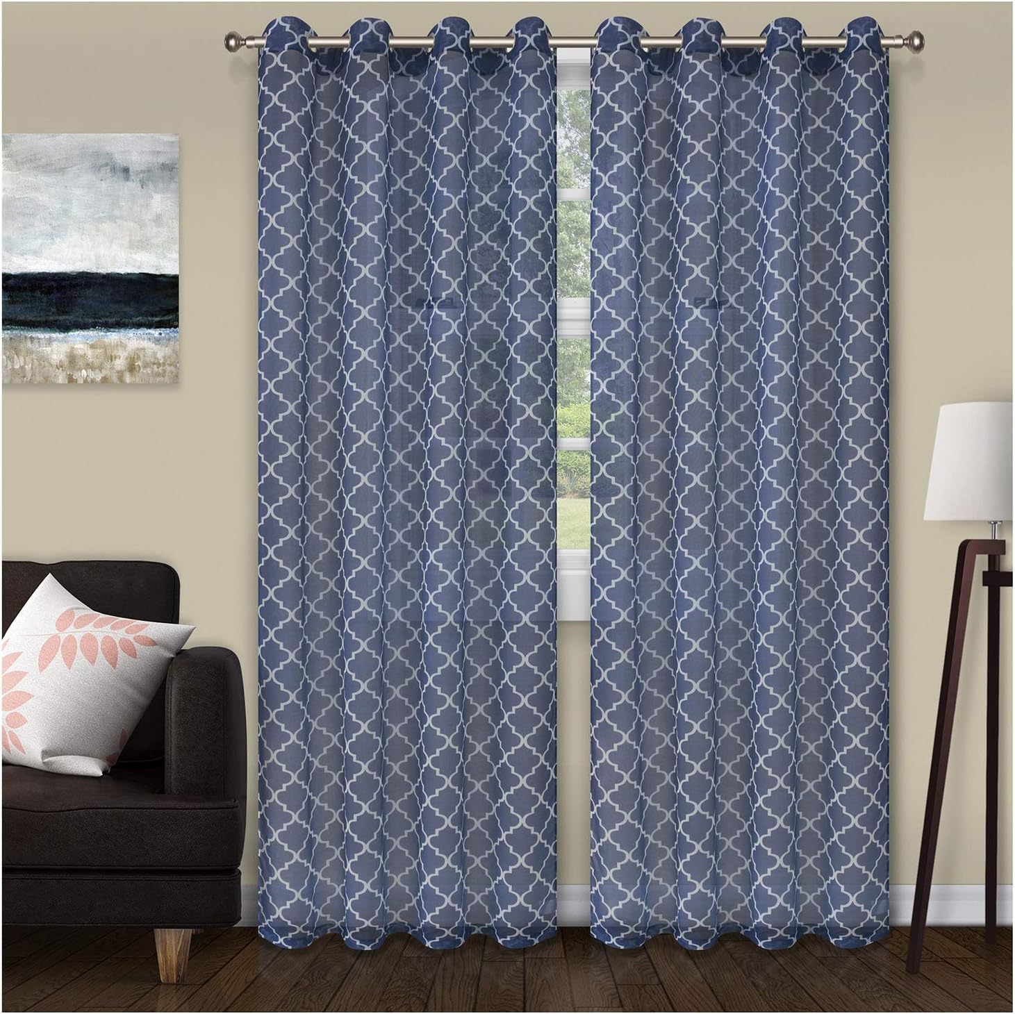 Superior Westview Geometric Jacquard Curtains, Window Accents, Geometric, Diamond Trellis with Grommets, Modern, Transitional, Farmhouse, Rustic, Curtain Set of 2 Panels, 52" X 108", White