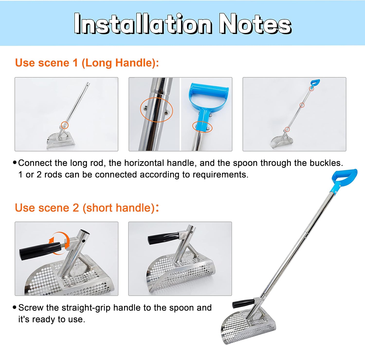 Metal Detector Sand Scoop| 7mm Round Holes | Whole Body Made of Metal| Long and Short Handles 1+1| for Beach, Seaside, Stream Treasure Hunting