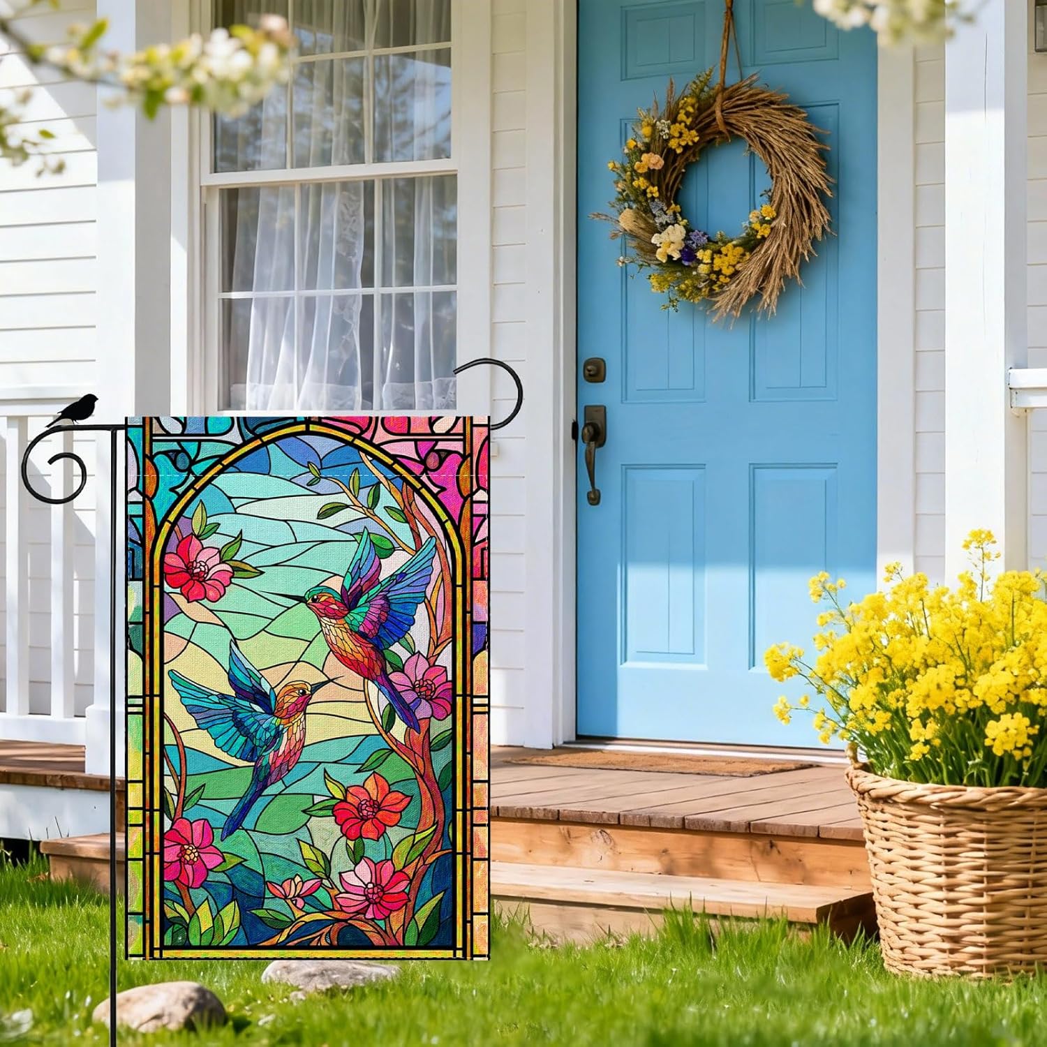 Spring Flowers Stained Glass Hummingbirds Garden Flag Seasonal Yard Flag 12x18 Inch Double Sided Small Mini Yard Outdoor Outside Holiday Decoration - Image 3