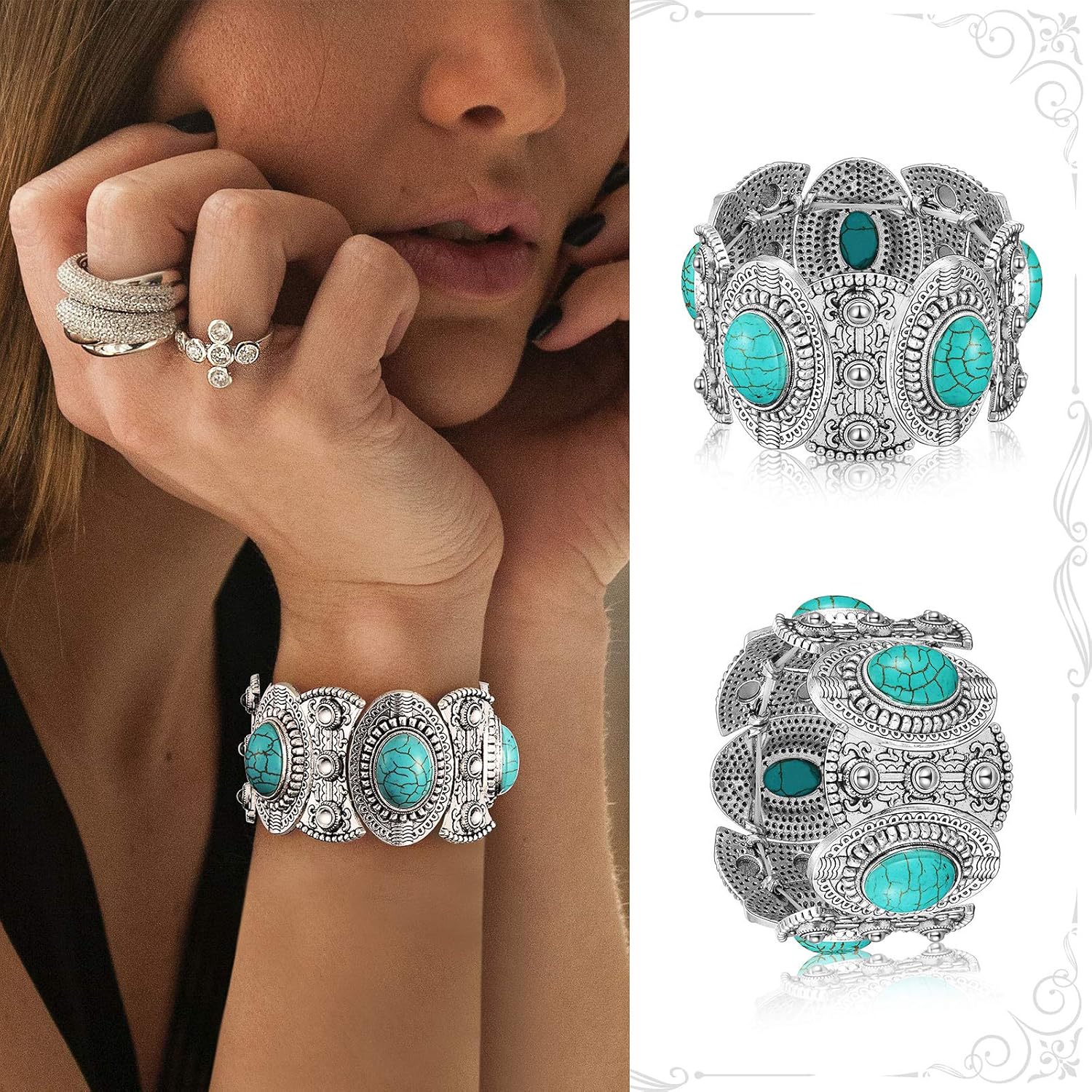 3 Pieces Bohemian Turquoise Jewelry Set for Women - Western Pendant Necklace, Vintage Dangle Earrings, Stretchable Bracelet - Statement Boho Set - Image 4