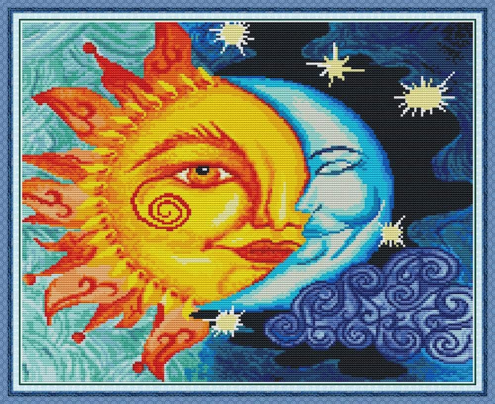 YEESAM ART Cross Stitch Kits Stamped for Adults Beginner Kids Sun and Moon Abstract 11CT 56×46cm DIY Embroidery Needlework Kit with Patterns Needlepoint Christmas (Sun)