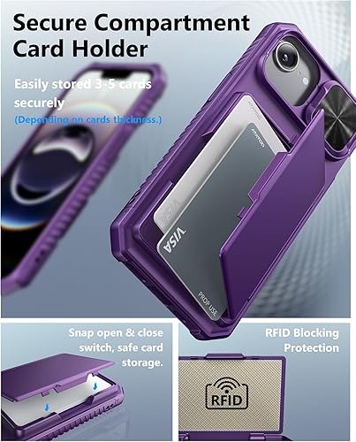 Miniatura 3 de ATATOO Funda para iPhone 16e, tarjetero integrado (almacena 3-5 tarjetas) y cubierta de cámara deslizante y bloqueo RFID, protección de grado
