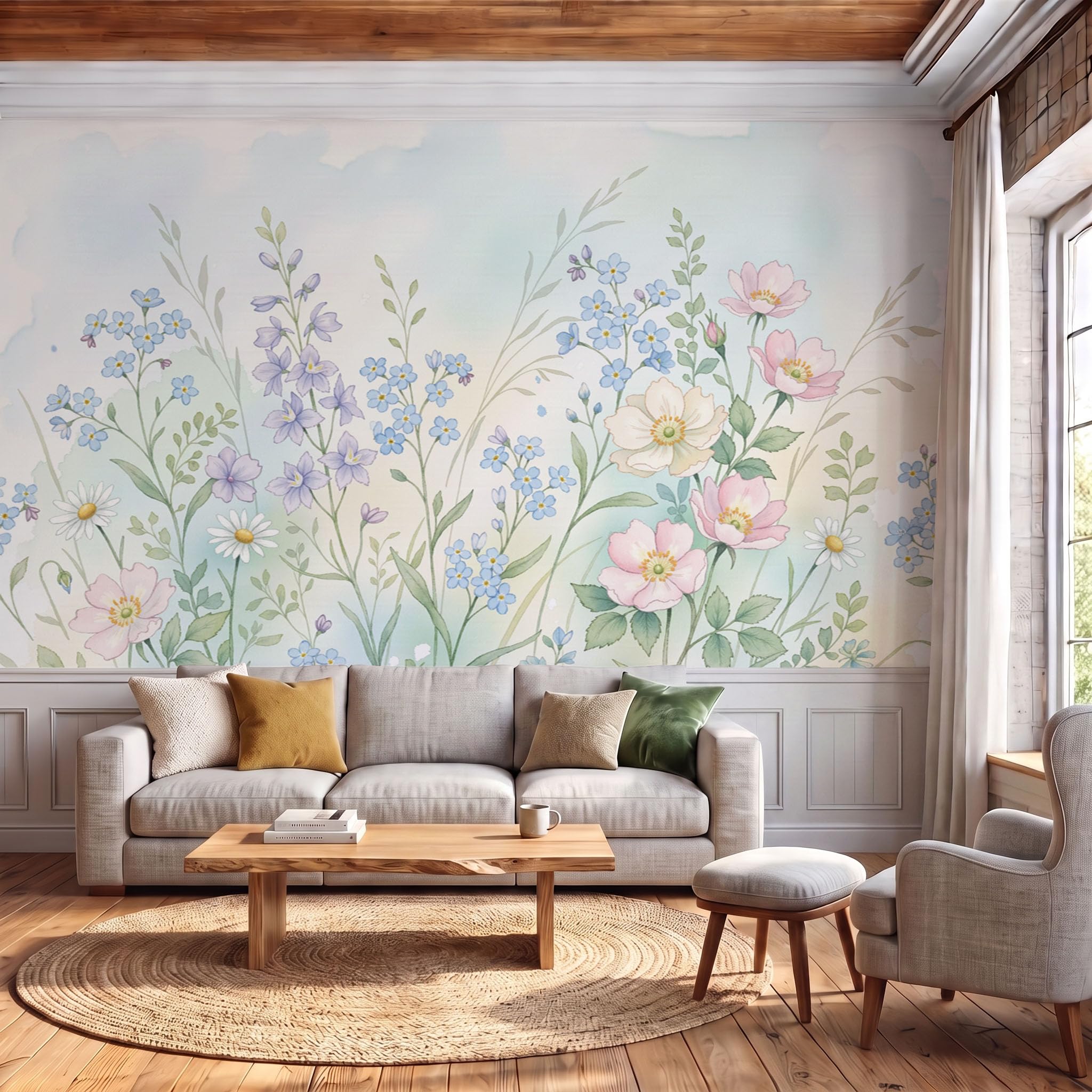 Carta Da Parati Fotografica Rosa Selvatica Fiore A Stella Blu, 350x256cm Fotomurali in Seta Fresco Ad Acquerello Decorazione da Muro Poster Gigante per Camera Da Letto e Sfondo TV Decorazione