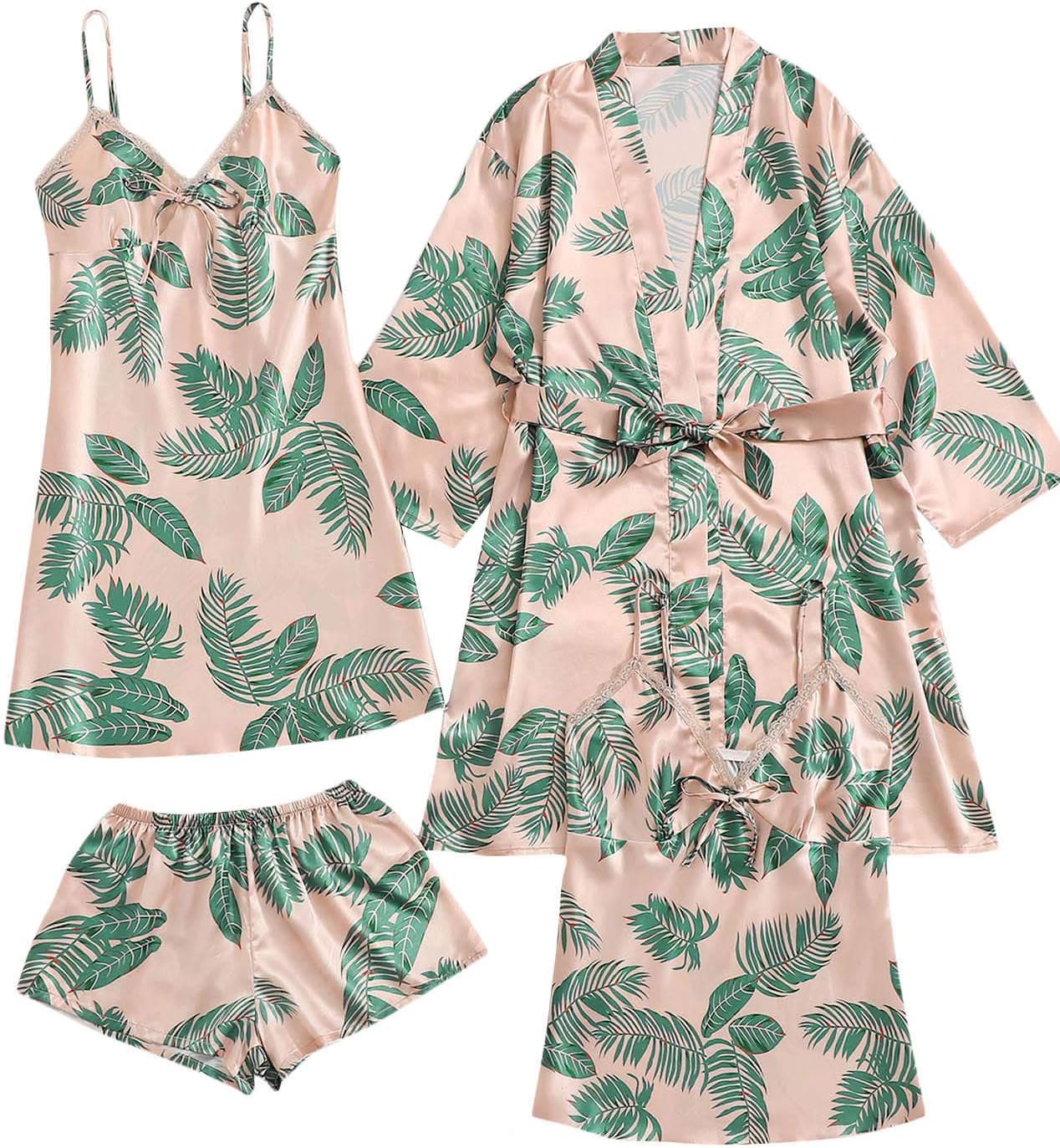 Women's Sleepwear 4pcs Floral Print Satin Cami Pajama Set with Robe