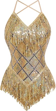 Women Plaid Sexy Sequins Fringe Bodysuit Sparkly Tassel Latin Jazz Dance Leotard Romper Acrobat Costume Concert Rave Outfits