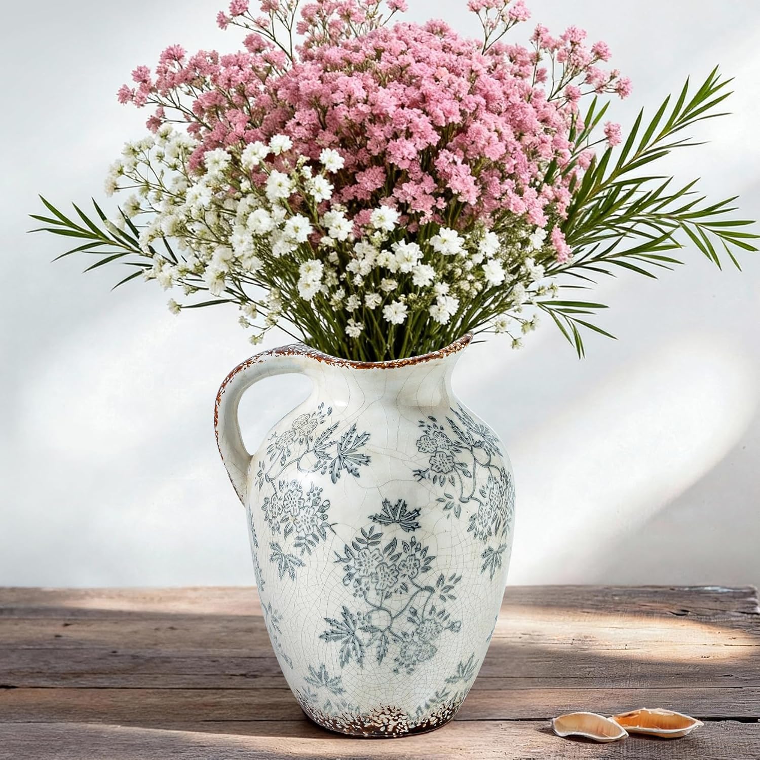 Enra Vintage vase with Handle,Blue and White Ceramic Decorative Flower vase, Chinoiserie Floral Vase,Large Rustic Vases for Home Decors, Living Room, Bookshelf, Office,9.7 inch