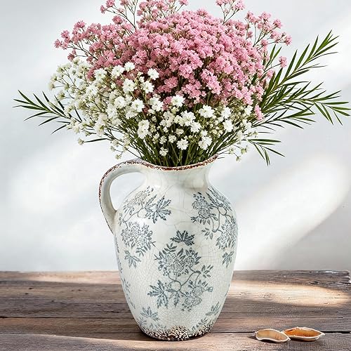 Enra Jarrón vintage con asa, jarrón decorativo de cerámica azul y blanco, jarrón floral de estilo chinoiserie, jarrones rústicos grandes para