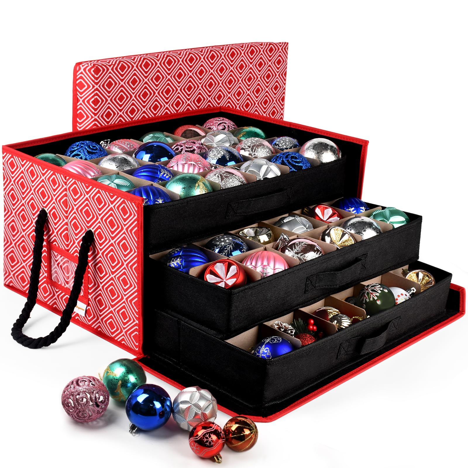 Christmas Ornament Storage Box,Christmas Ornament Organizer Storage Box with Dividers,Stackable 3 Drawer Organizers,Holds 3 Inch 72 Ornaments,Ornament Organizer,Christmas Ball Storage Container