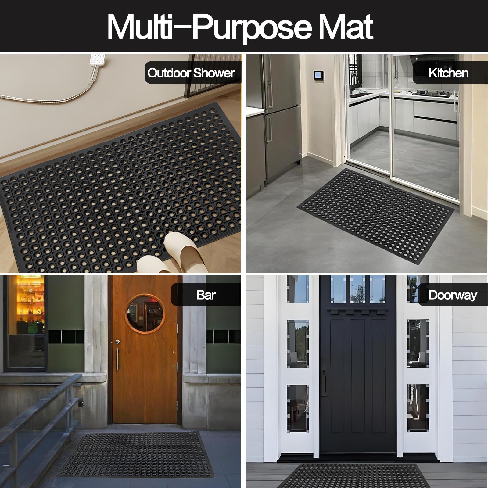 Anti Fatigue Rubber Floor Mats, 24 x 36 Inch Non-Slip Restaurant Mat Door Mat Drainage Mat for Indoor Outdoor Wet Area, Pool Entry, Garden - Black